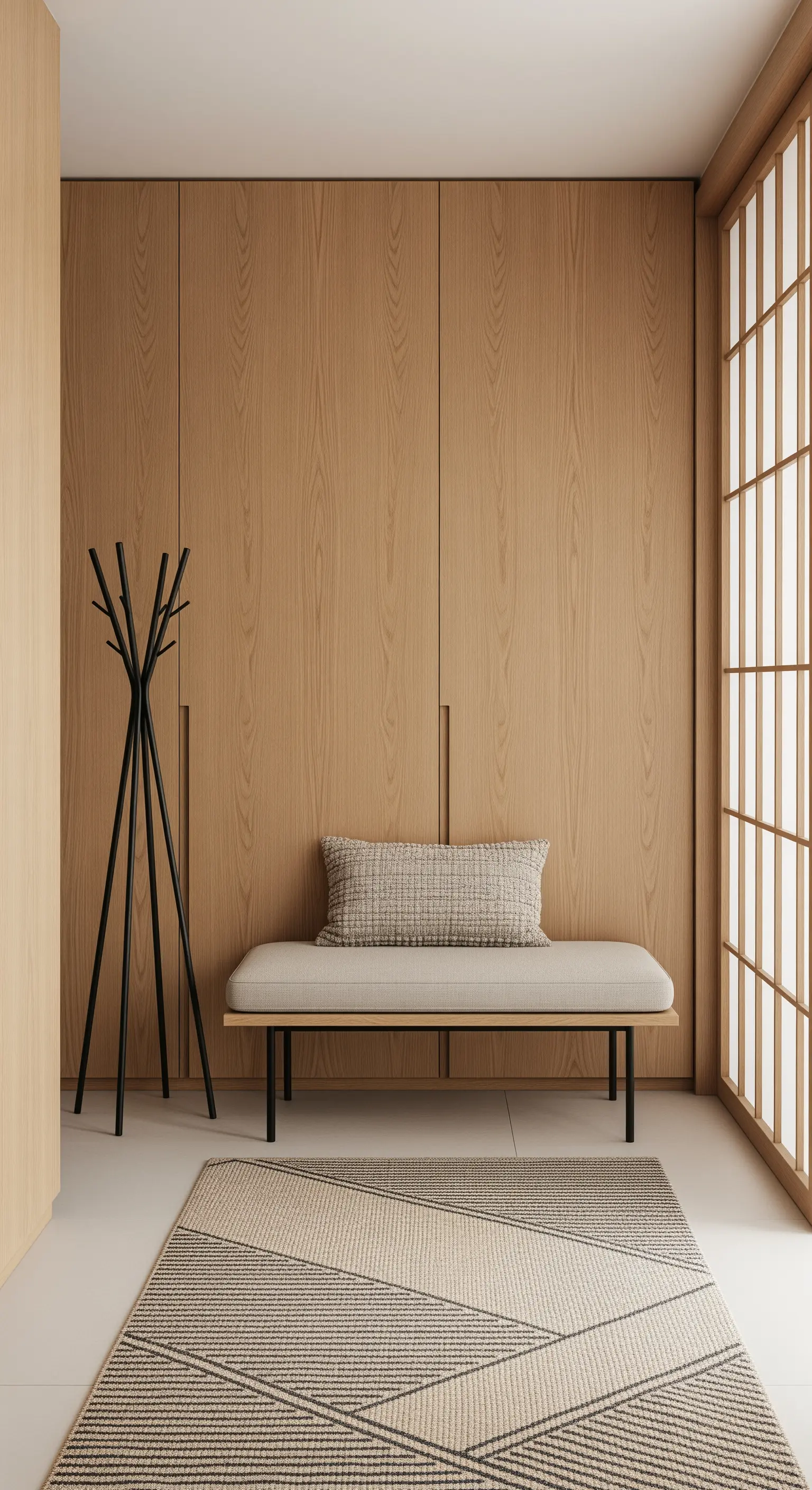 Ingresso minimalista in stile Japandi con armadi in legno chiaro e panca con cuscino beige.