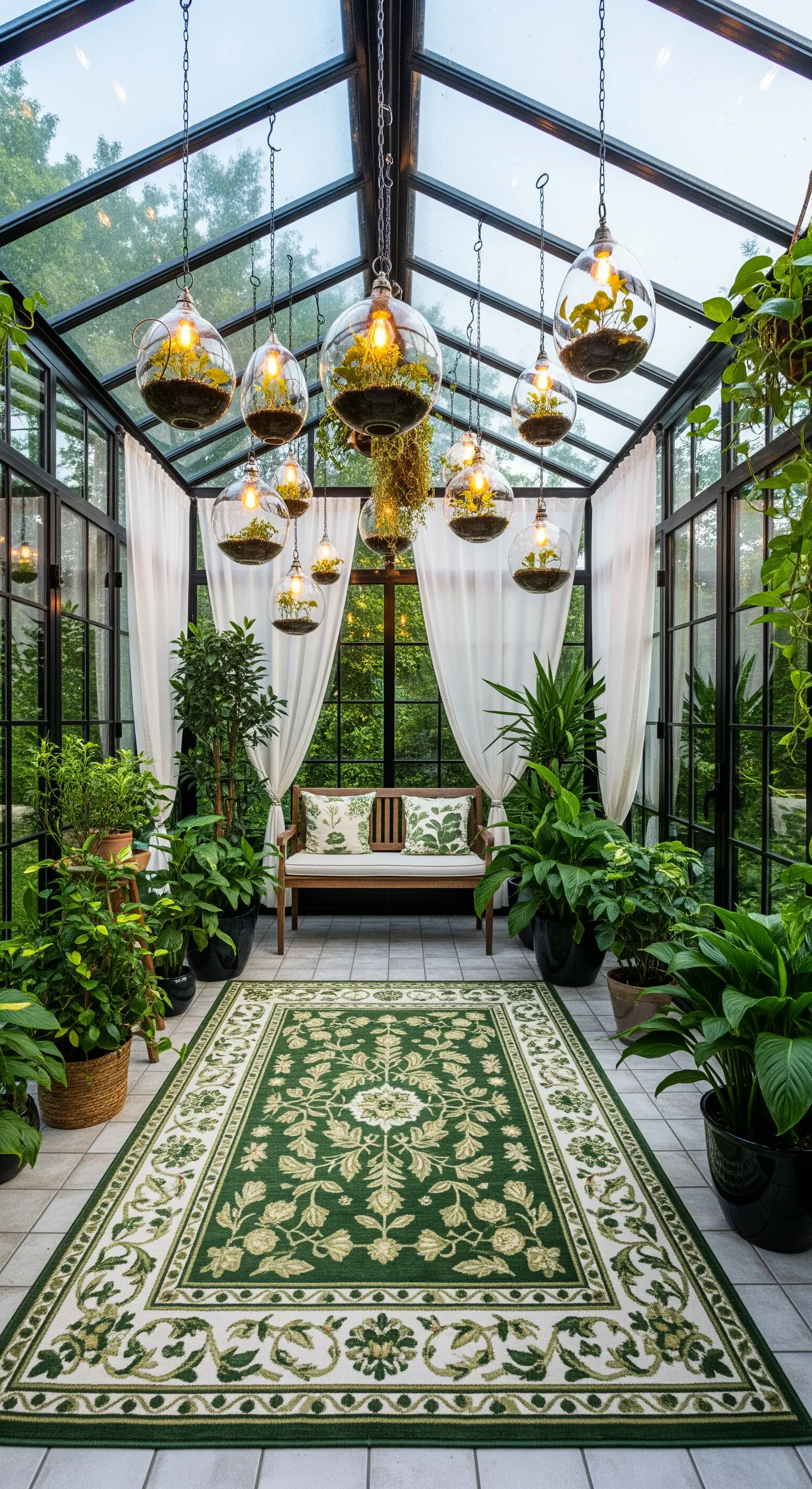Veranda in vetro e ferro con piante, tappeto verde e lampade a forma di terrario.