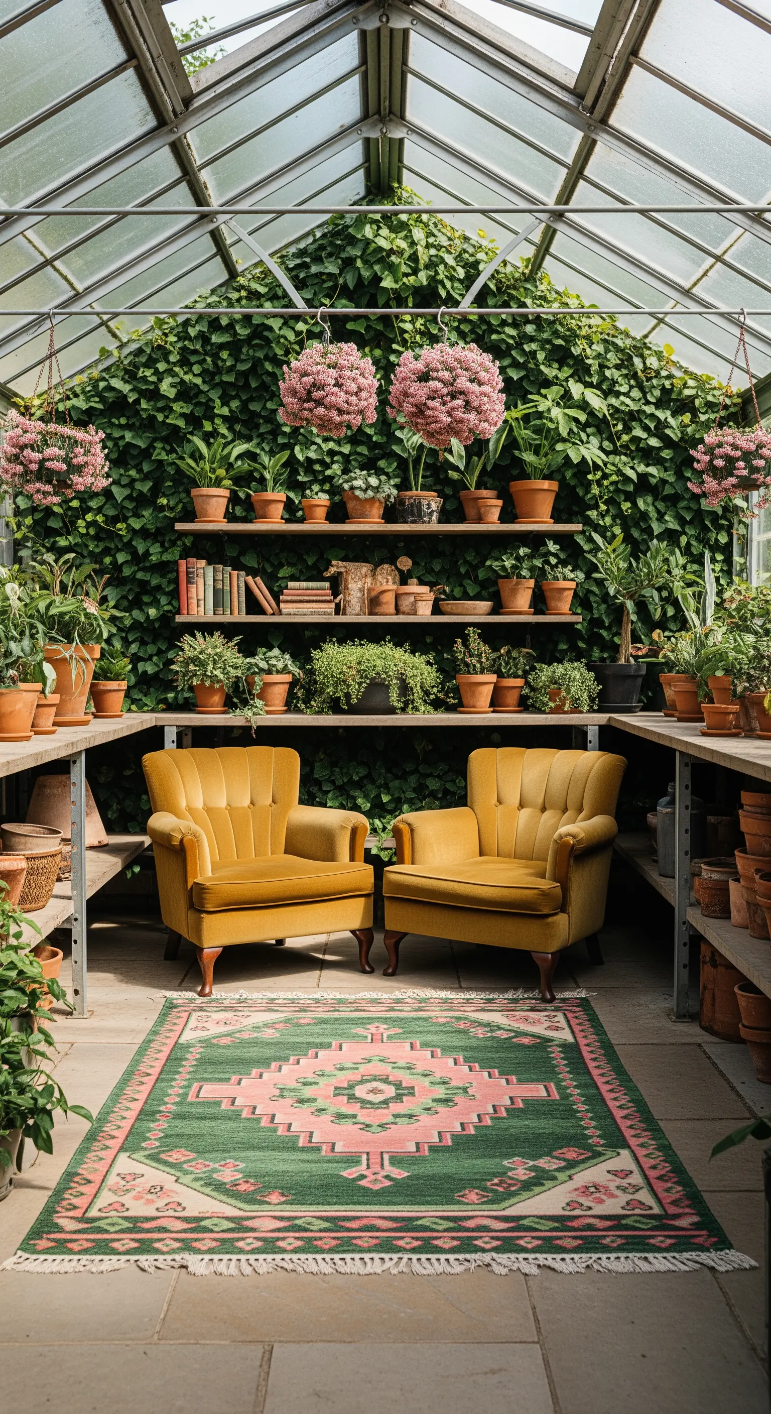 Serra trasformata in salotto con poltrone vintage, tappeto geometrico e piante.