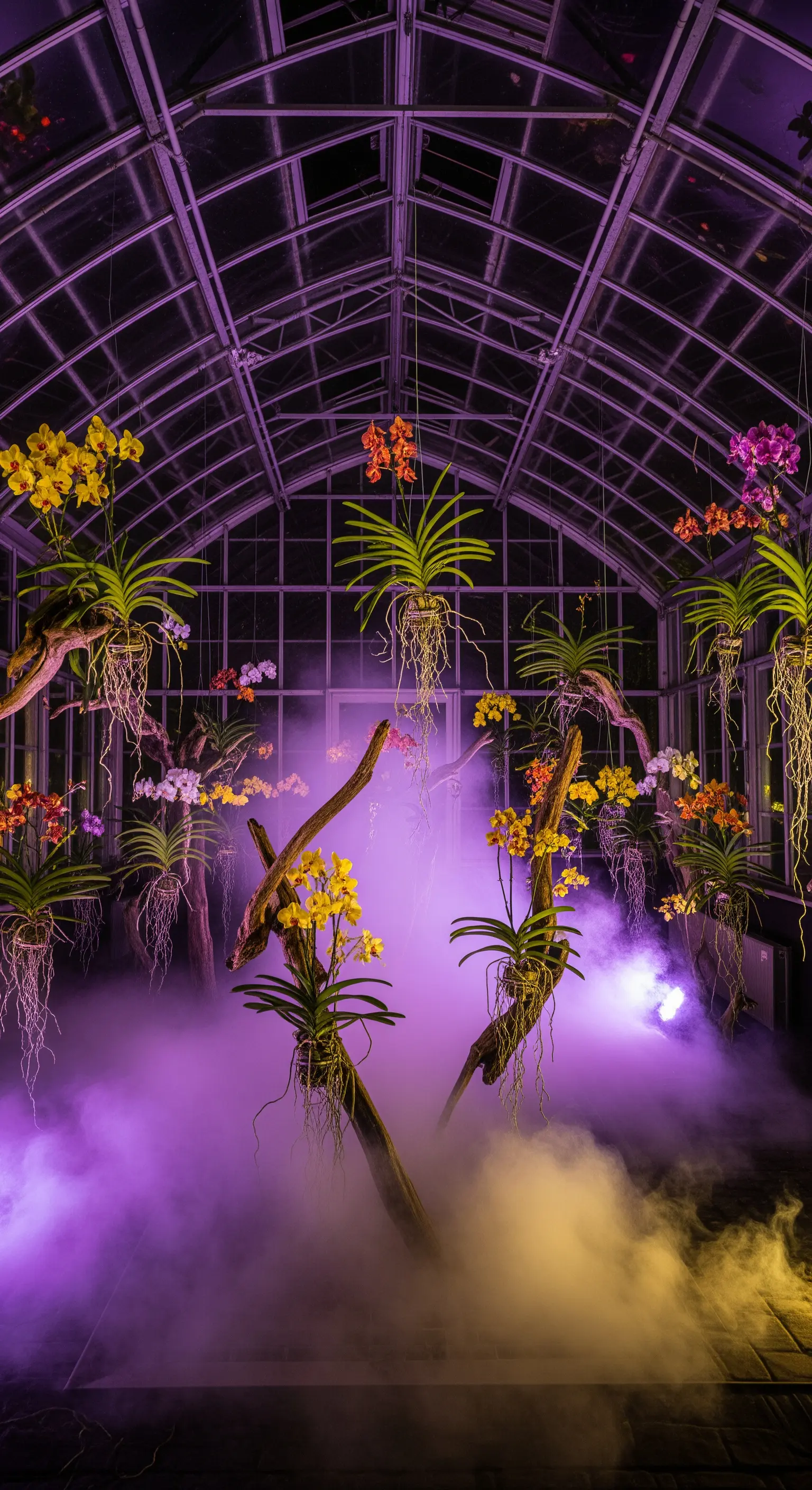 Serra piena di orchidee sospese, con un'atmosfera creata da nebbia e luci colorate.