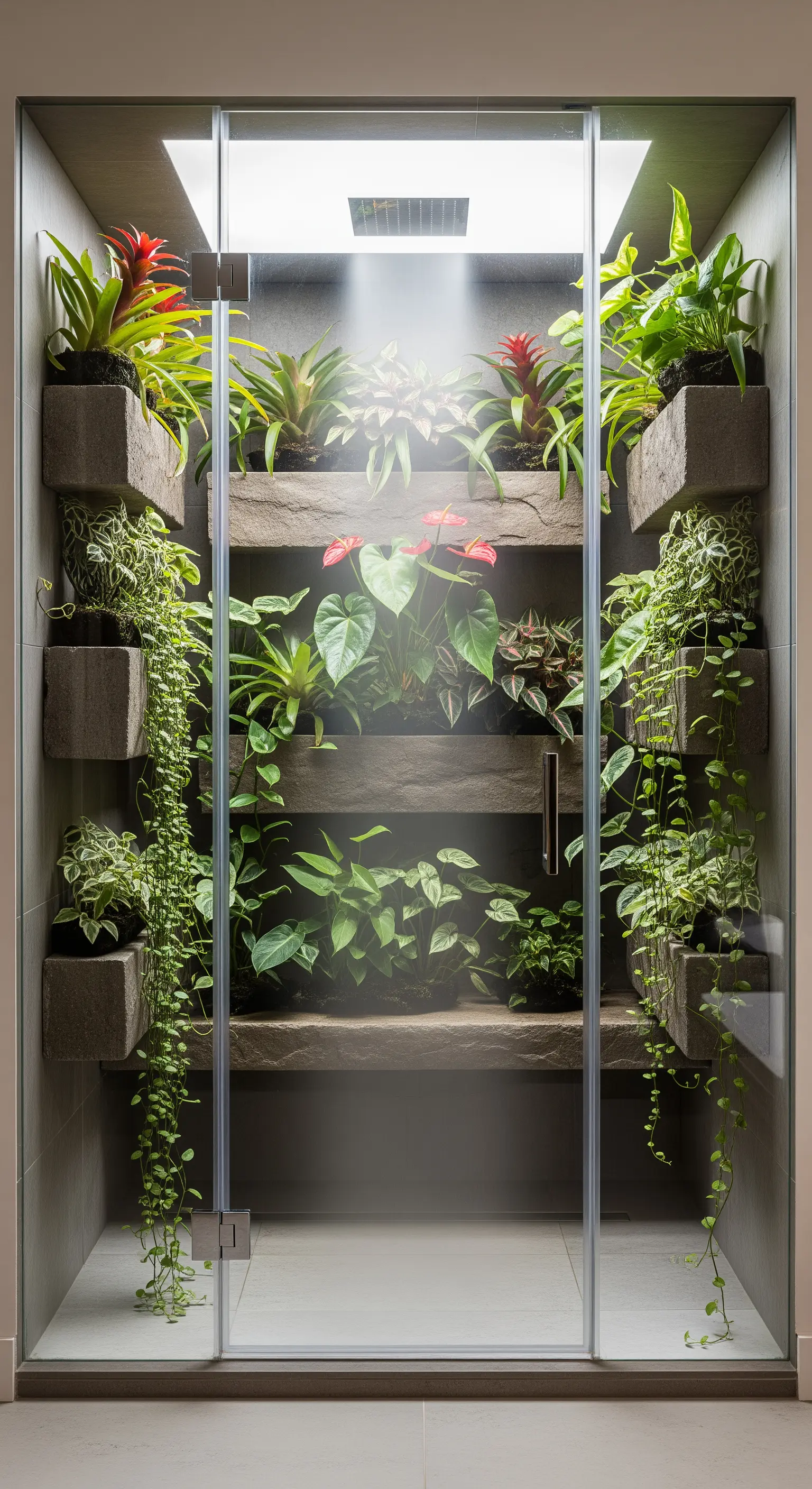 Box doccia con pareti a mensole interamente riempite di piante tropicali e bromelie.