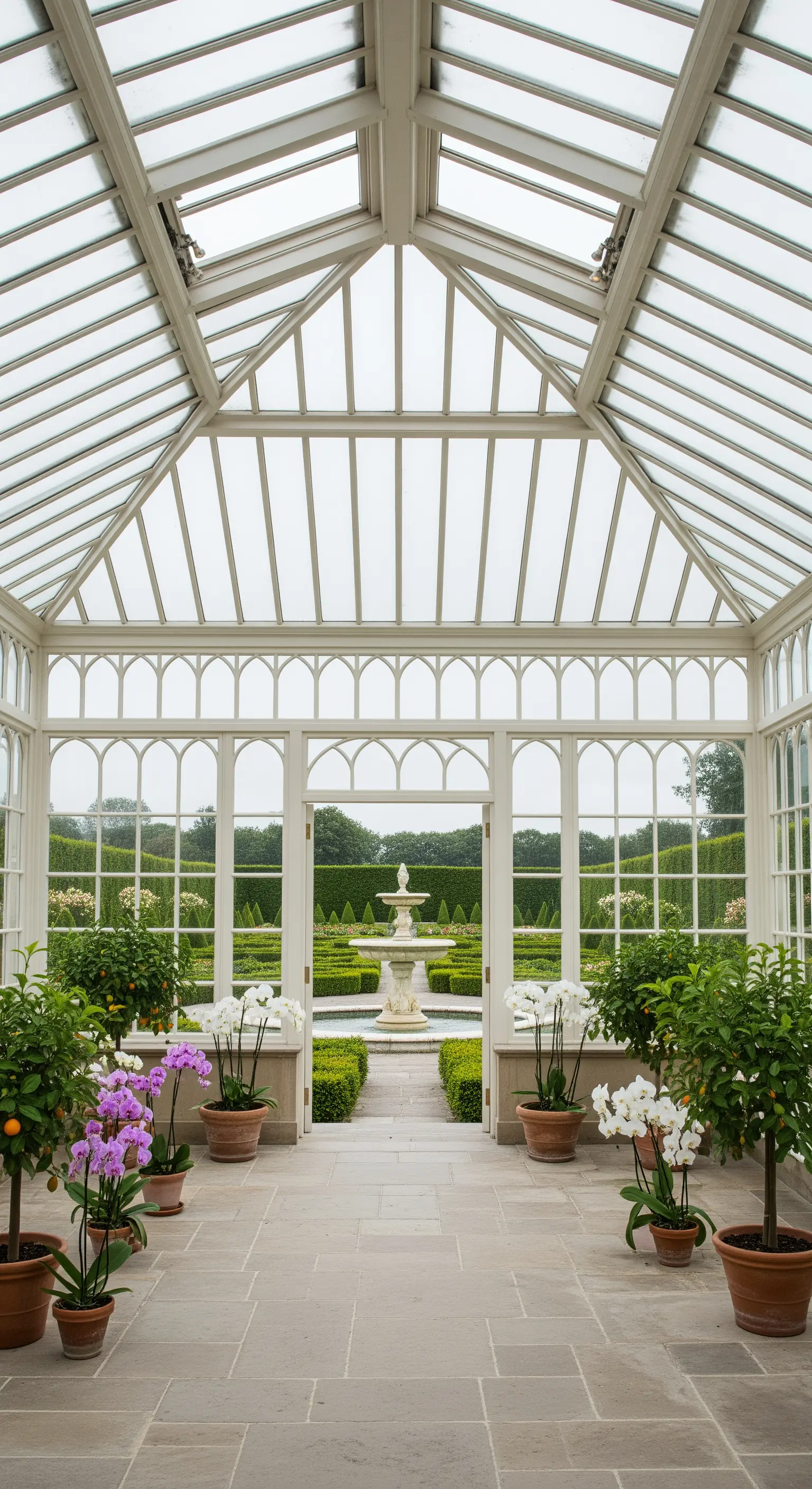 Interno di una serra luminosa con struttura bianca, con piante di agrumi e orchidee in vaso