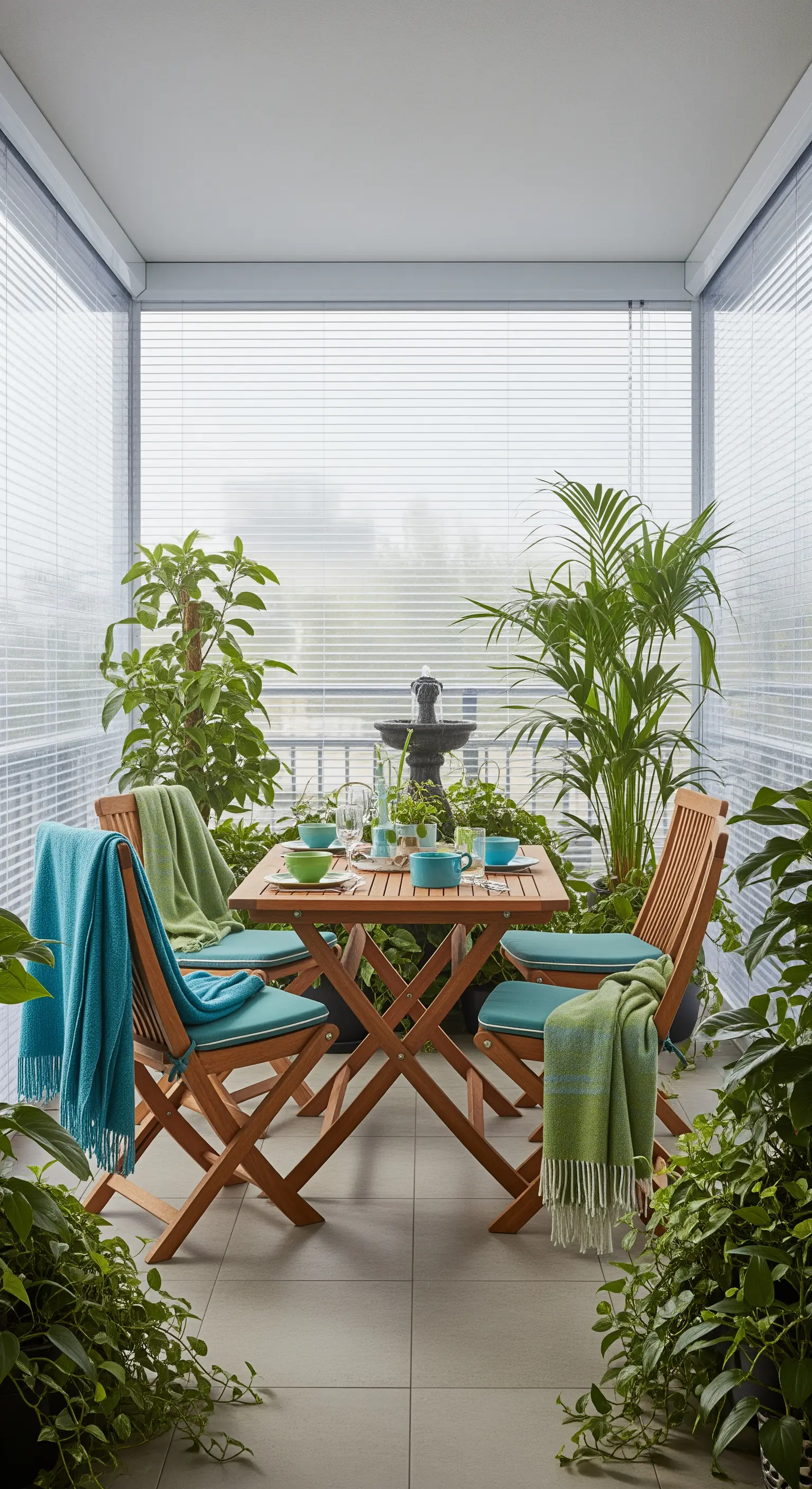 Veranda trasformata in una serra con tavolo da pranzo in legno e tante piante verdi.