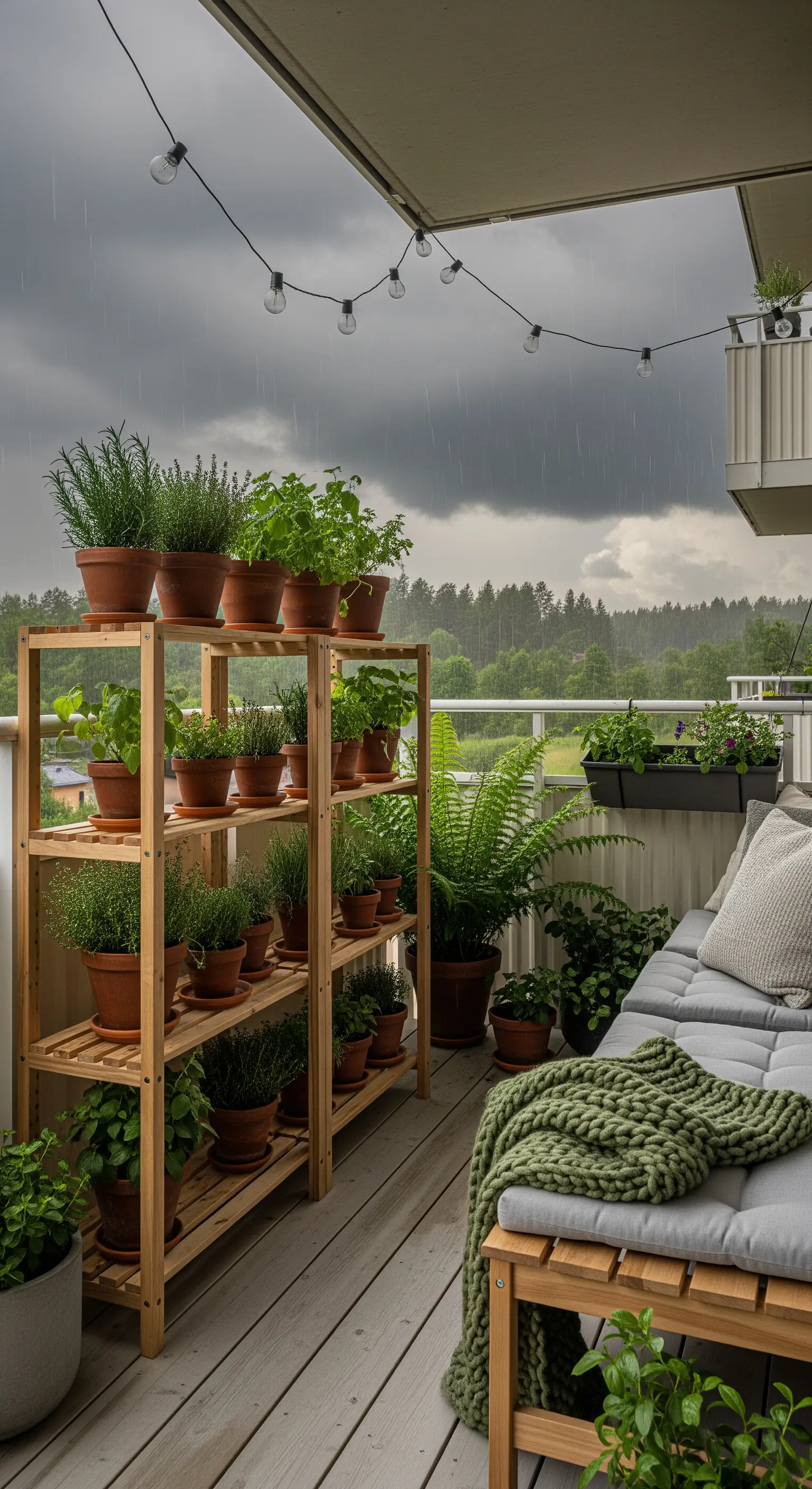 Balcone con scaffalatura in legno piena di piante aromatiche e una panca con coperta verde.