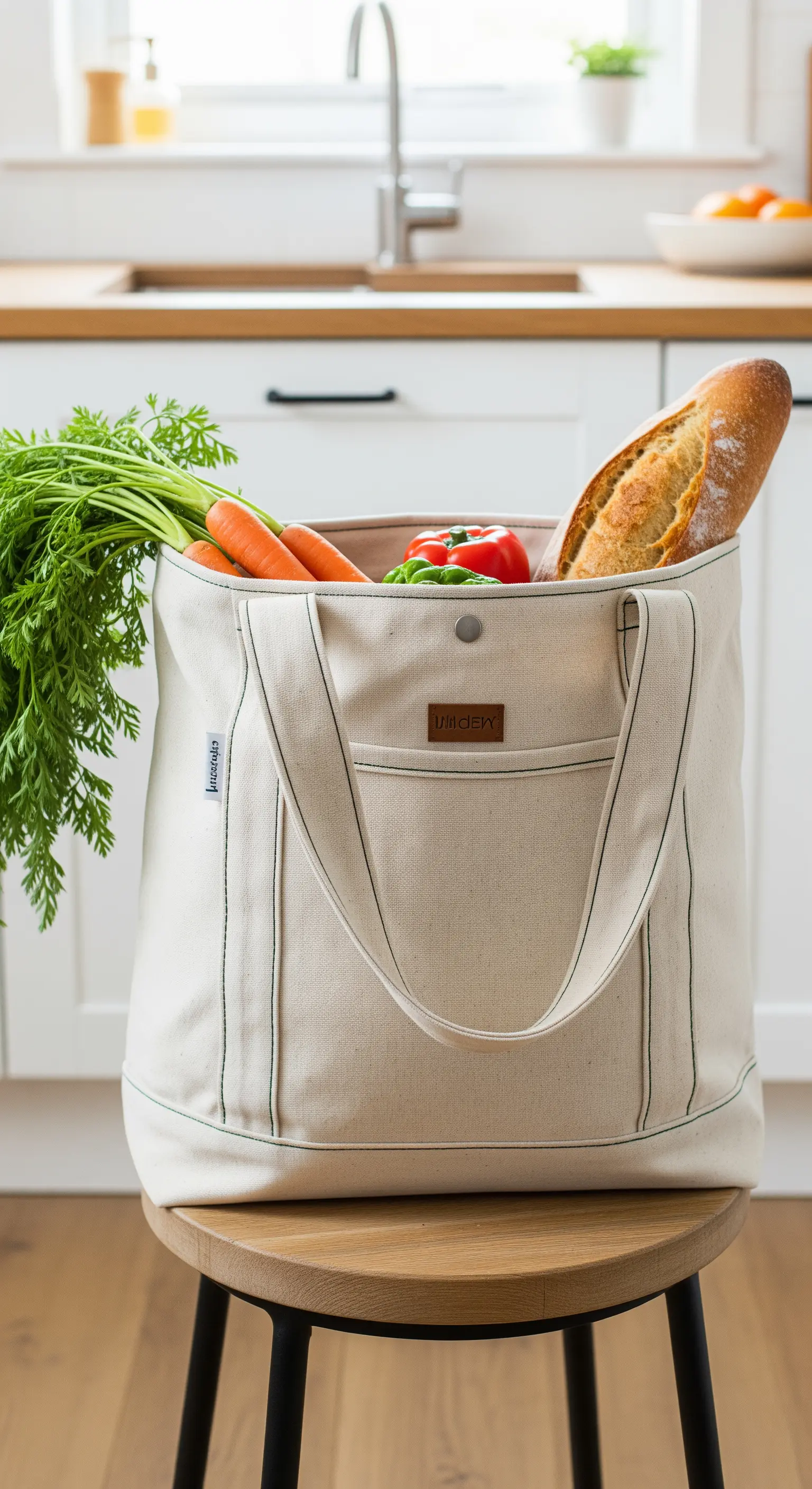 Borsa da spesa in tela grezza con cuciture a vista verdi e fondo rinforzato.