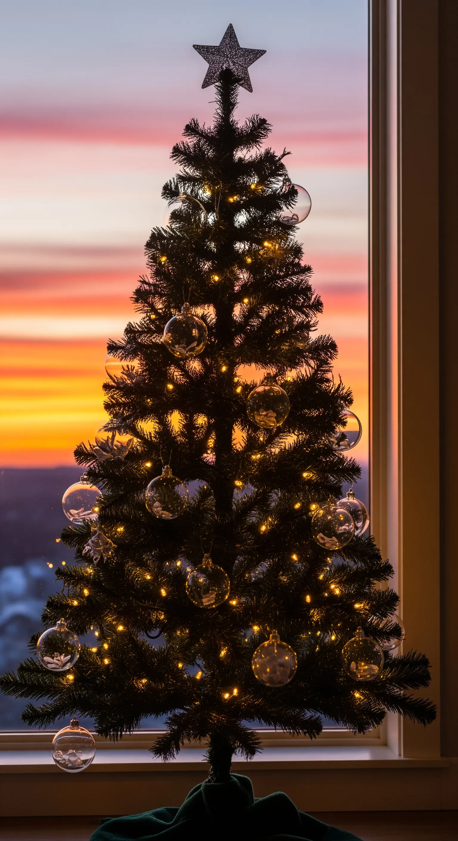 Silhouette di un albero di Natale con luci calde e palline di vetro, davanti a una finestra al tramonto