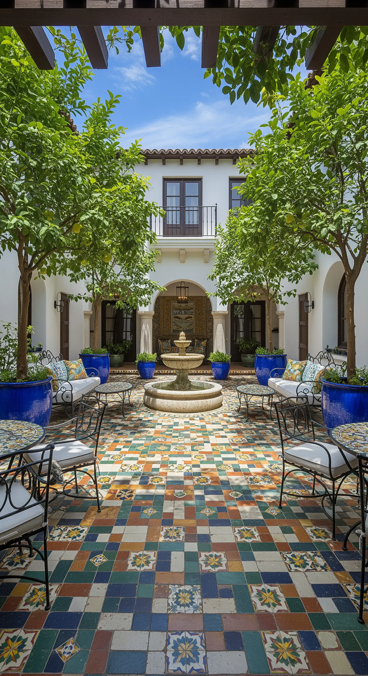 Cortile con fontana centrale, pavimento a maioliche colorate e sedute simmetriche.