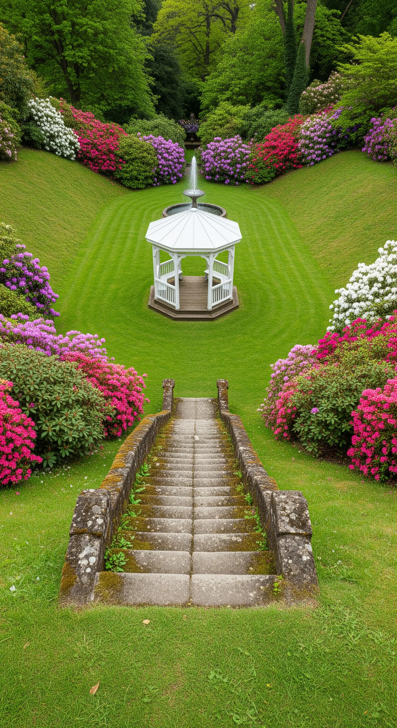 Giardino formale con scalinata in pietra che scende verso un gazebo bianco circondato da azalee.