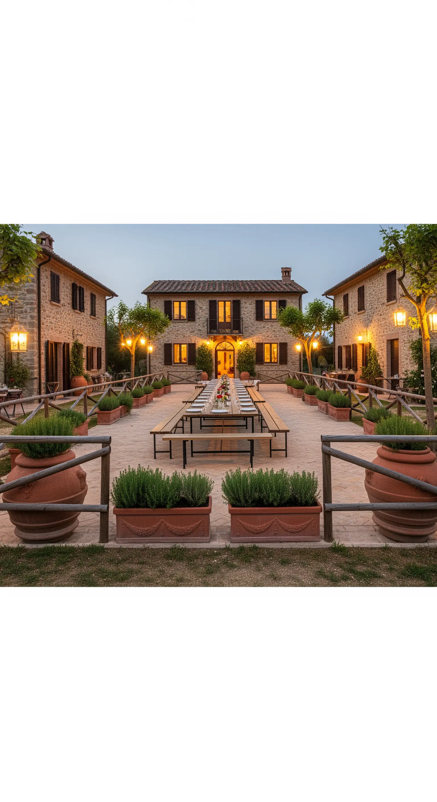 Cortile simmetrico illuminato con un lungo tavolo e grandi vasi in cotto.