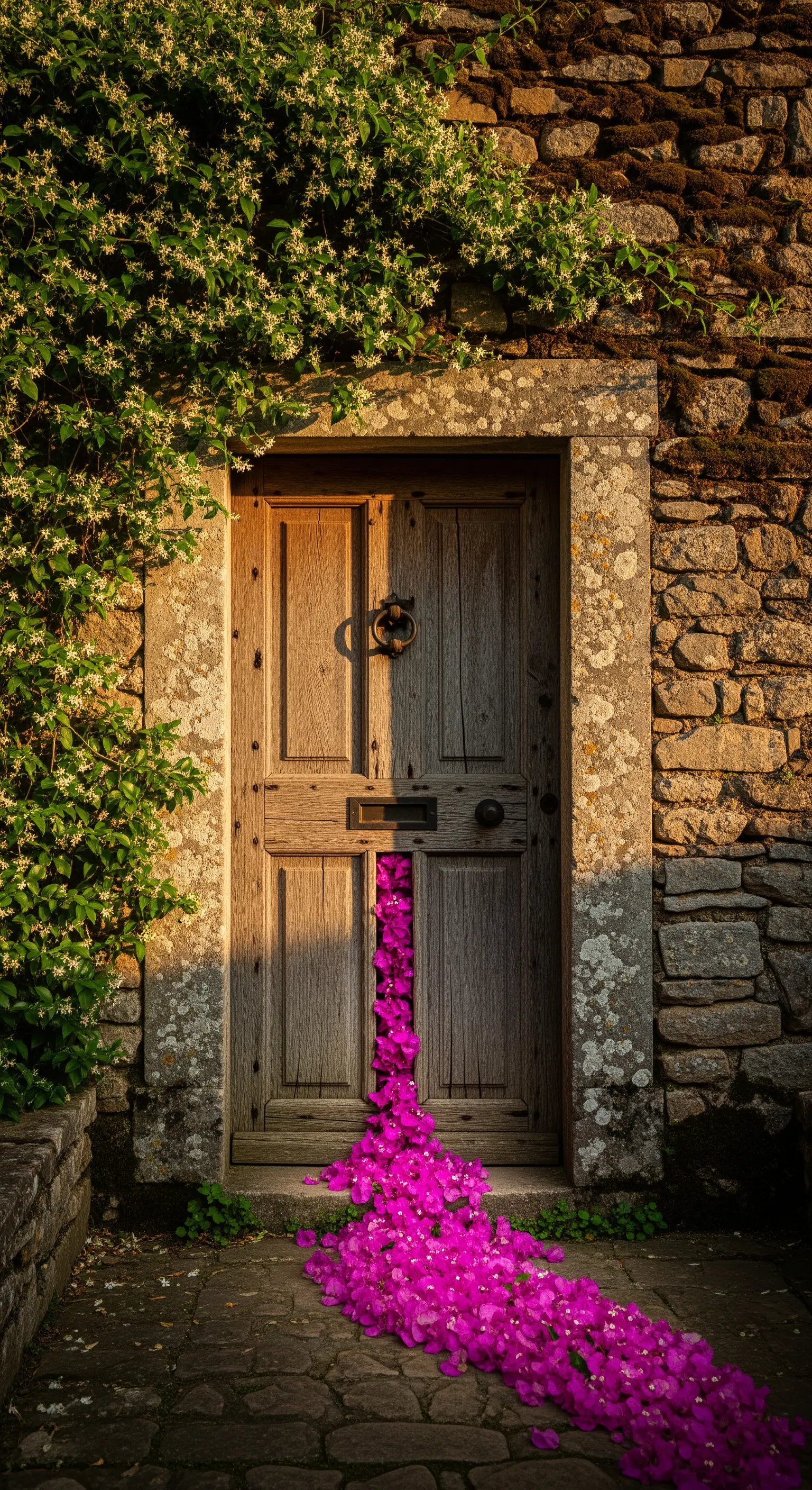 Petali di bouganville fucsia che fuoriescono da sotto una vecchia porta di legno.