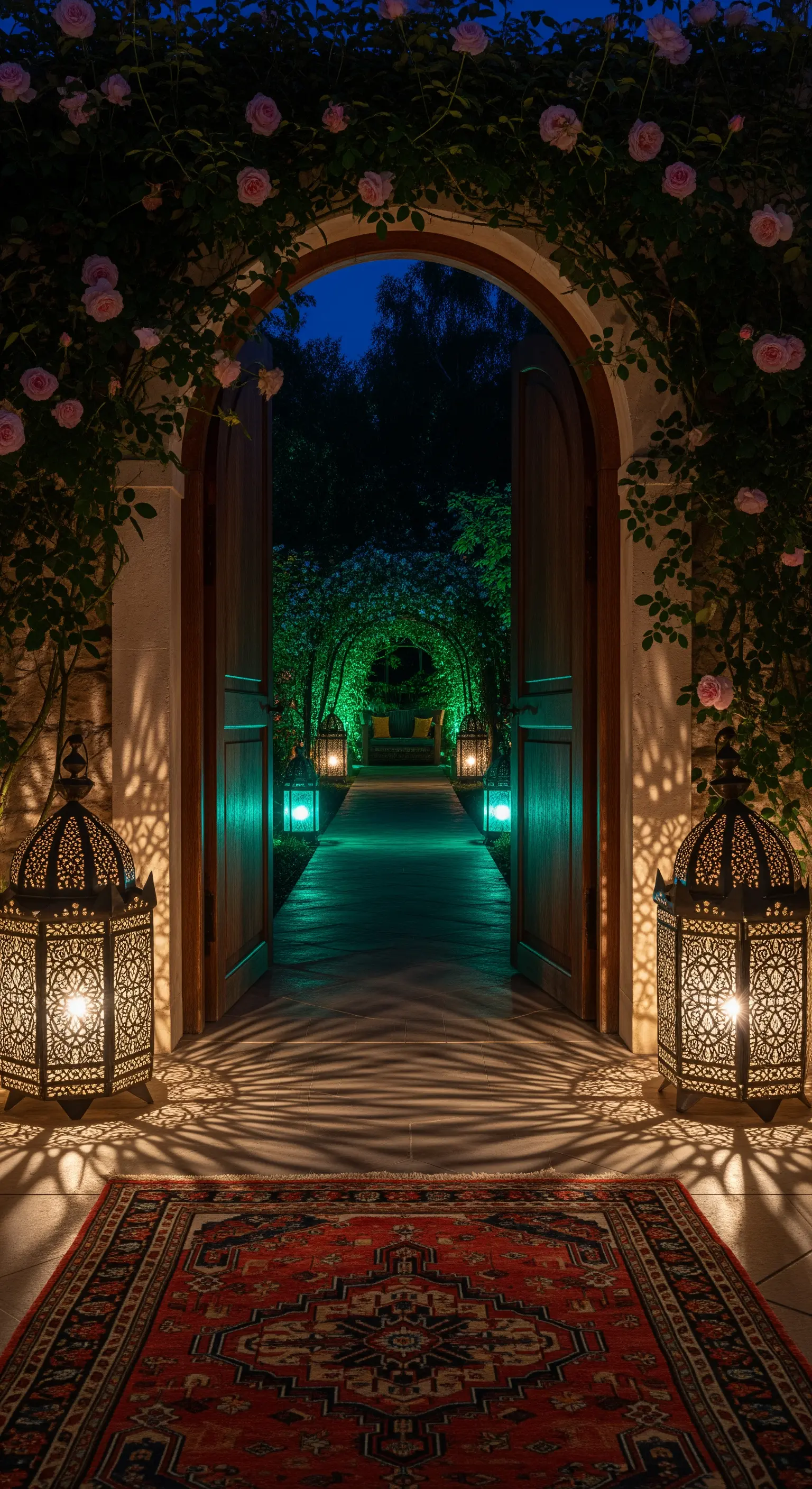 Ingresso ad arco con lanterne che illuminano un sentiero verso un giardino con luce verde.