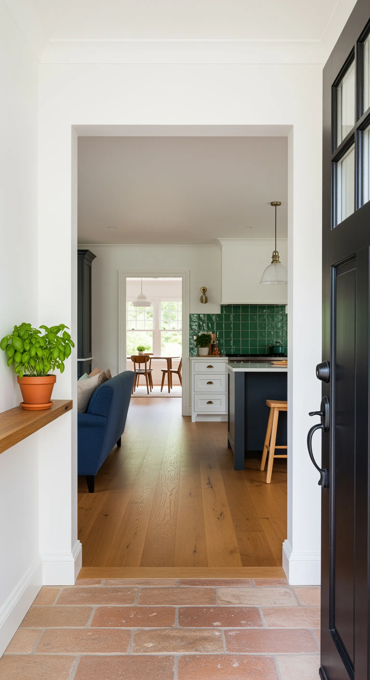 Soglia d'ingresso in cotto che si affaccia su un soggiorno con parquet e cucina moderna.