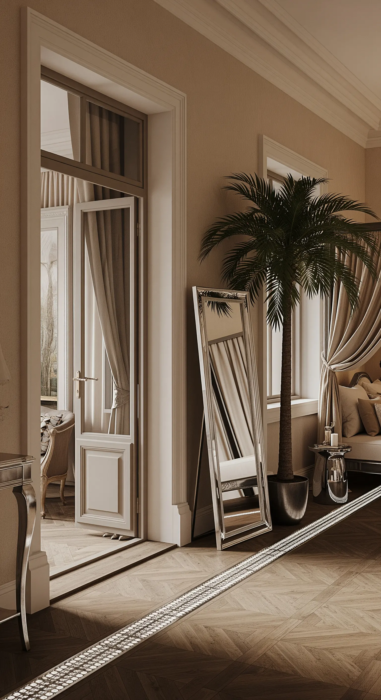 Specchio a figura intera con cornice argentata appoggiato alla parete vicino all'accesso al balcone.