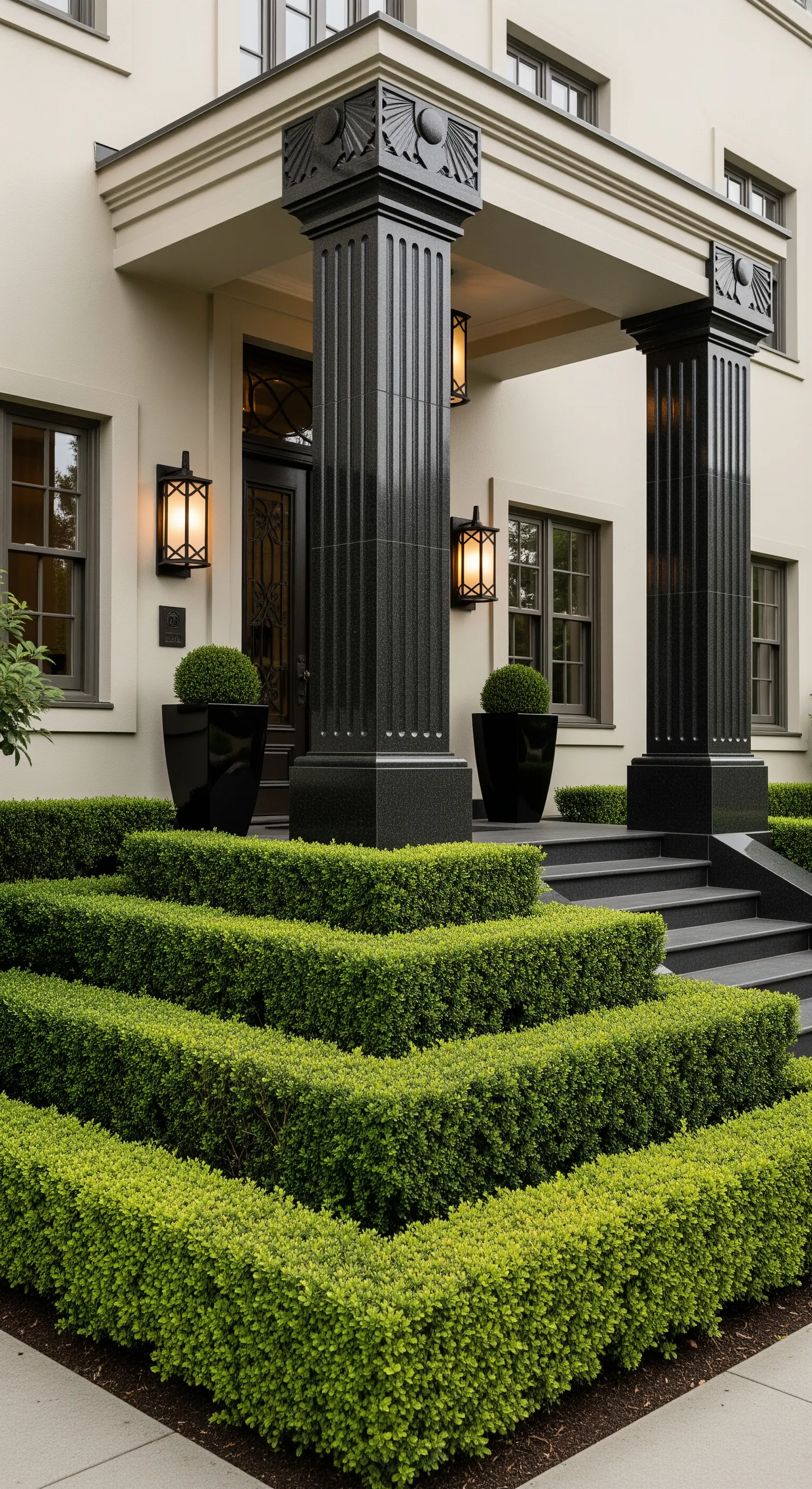 Portico con colonne squadrate in granito nero lucido e siepi potate a gradoni geometrici