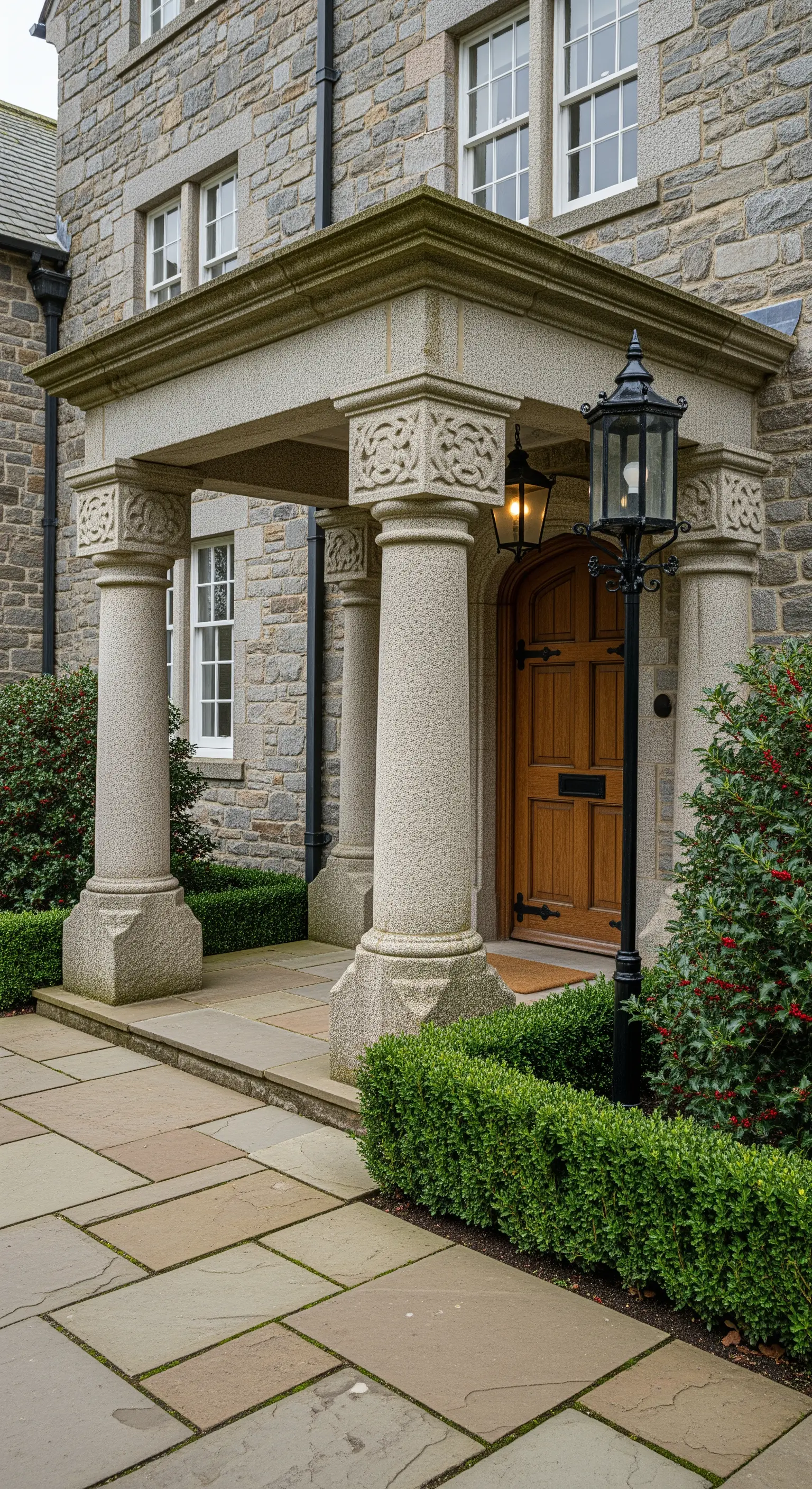 Ingresso in granito con colonne dai capitelli scolpiti e porta in legno massiccio.