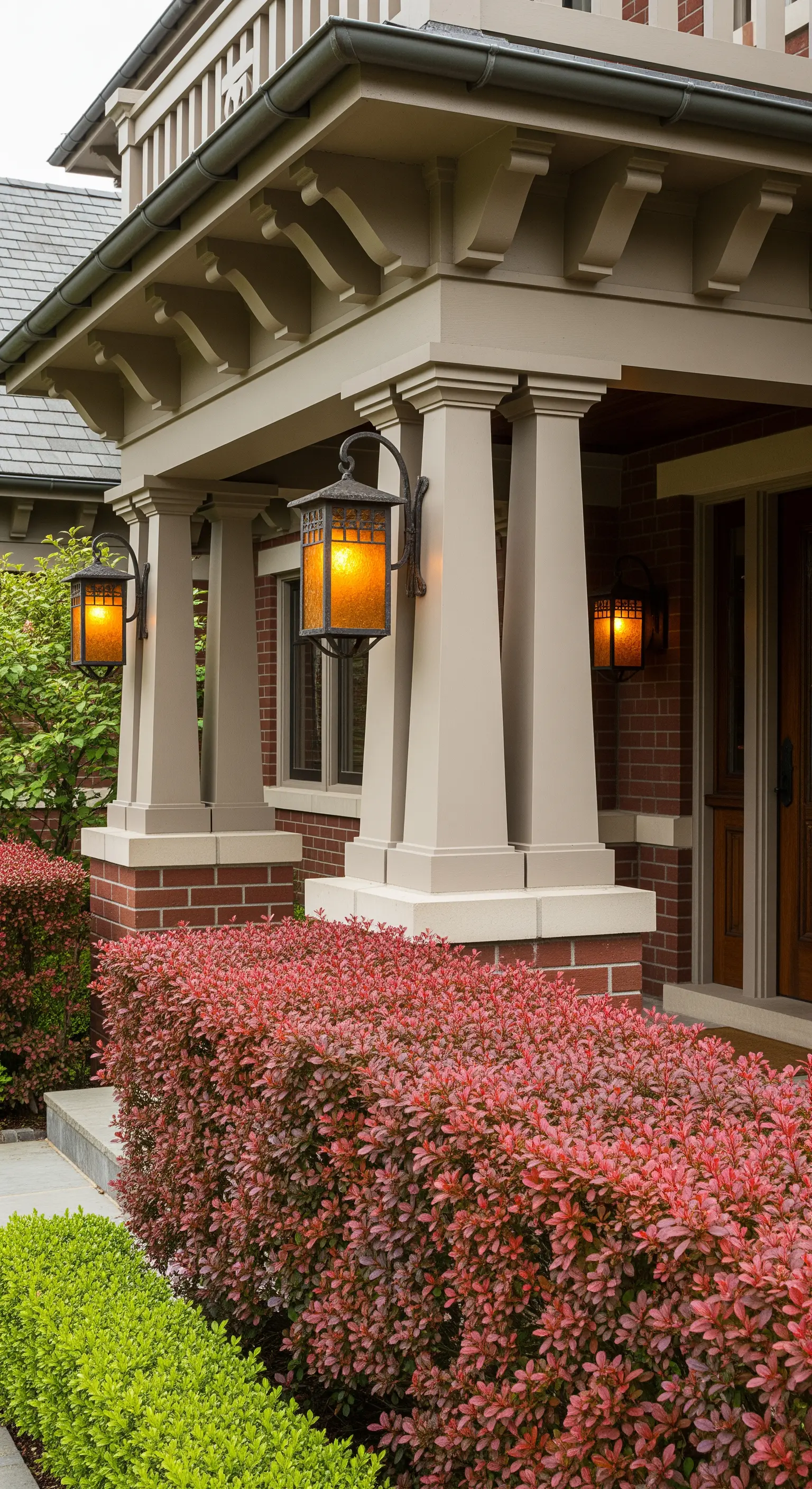 Dettaglio di un portico in stile Craftsman con colonne squadrate e una lanterna con vetro ambrato