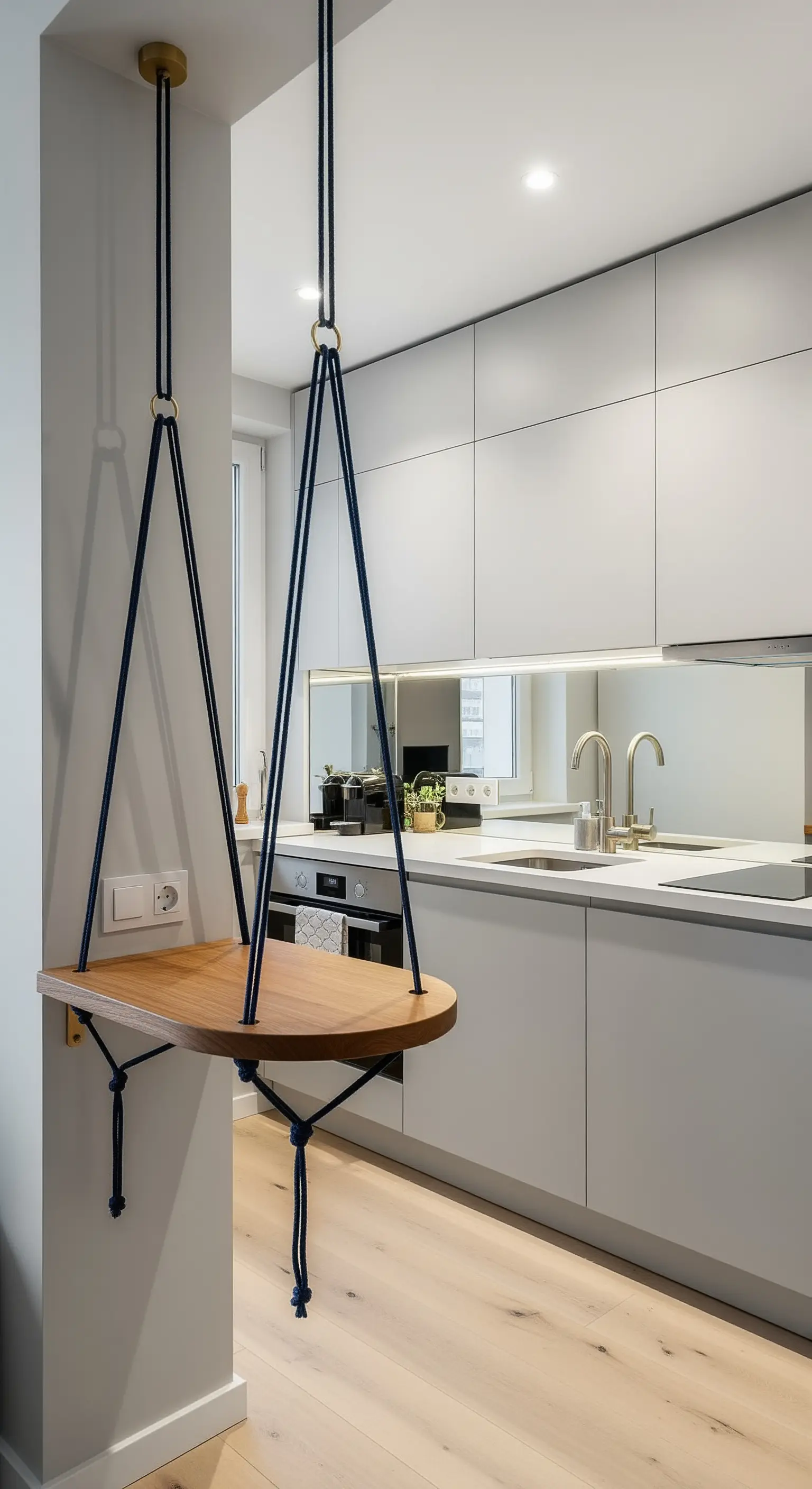 Piccola mensola-tavolo in legno sospesa con corde blu in una cucina compatta.