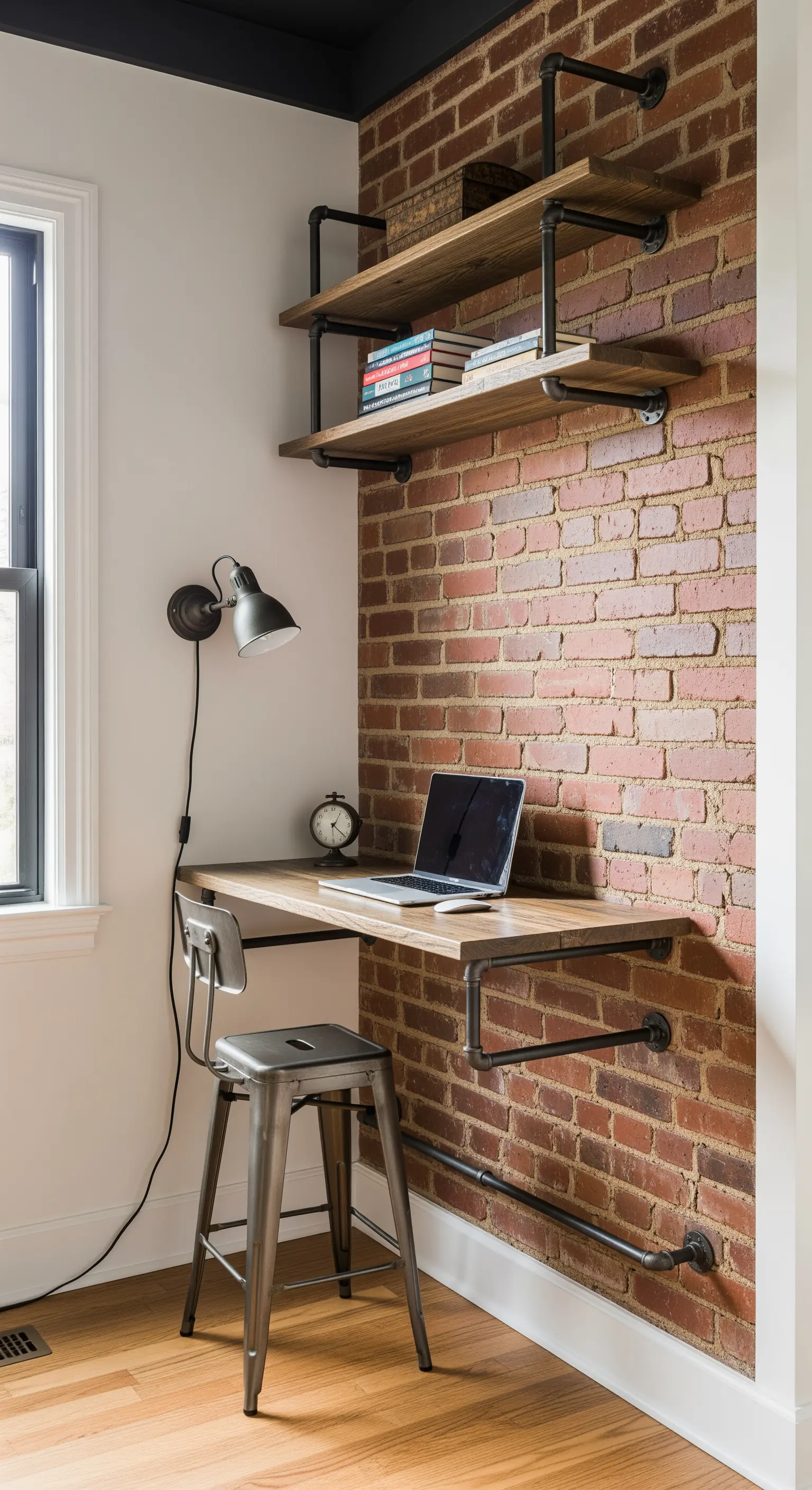 Scrivania angolare e mensole in stile industriale realizzate con tubi e legno.