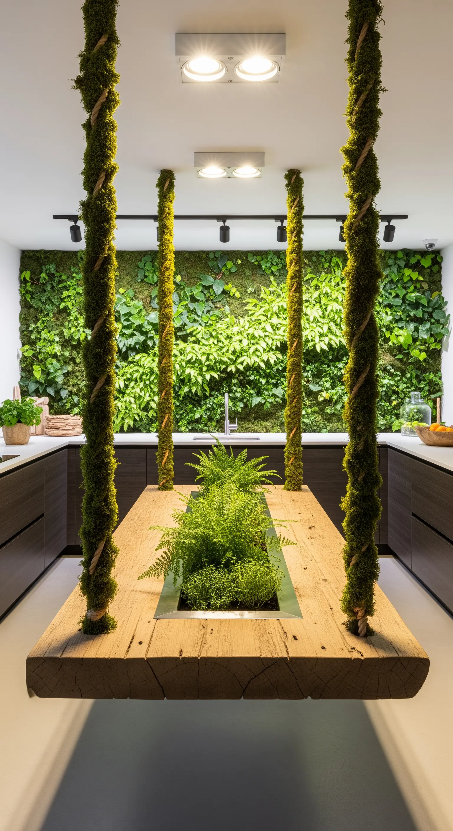 Tavolo in legno con muschio e felci, sospeso da corde ricoperte di muschio davanti a una parete verde.