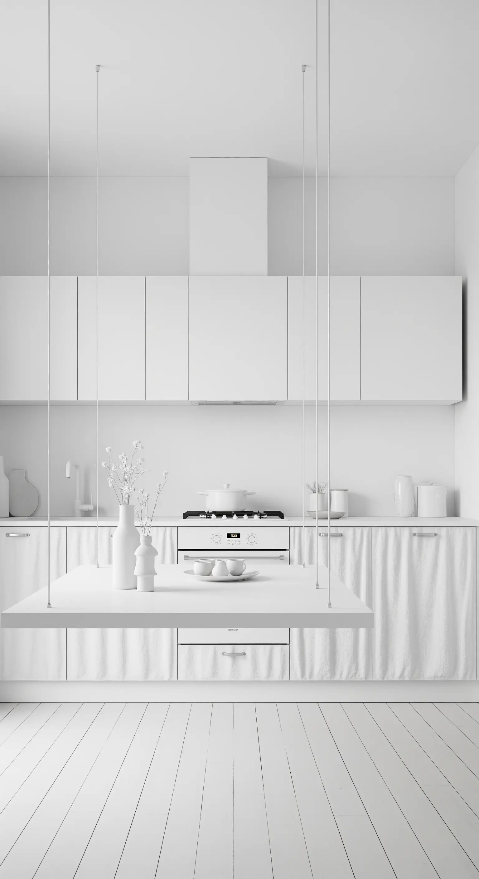 Tavolo bianco sospeso con cavi sottili in una cucina monocromatica e minimalista.