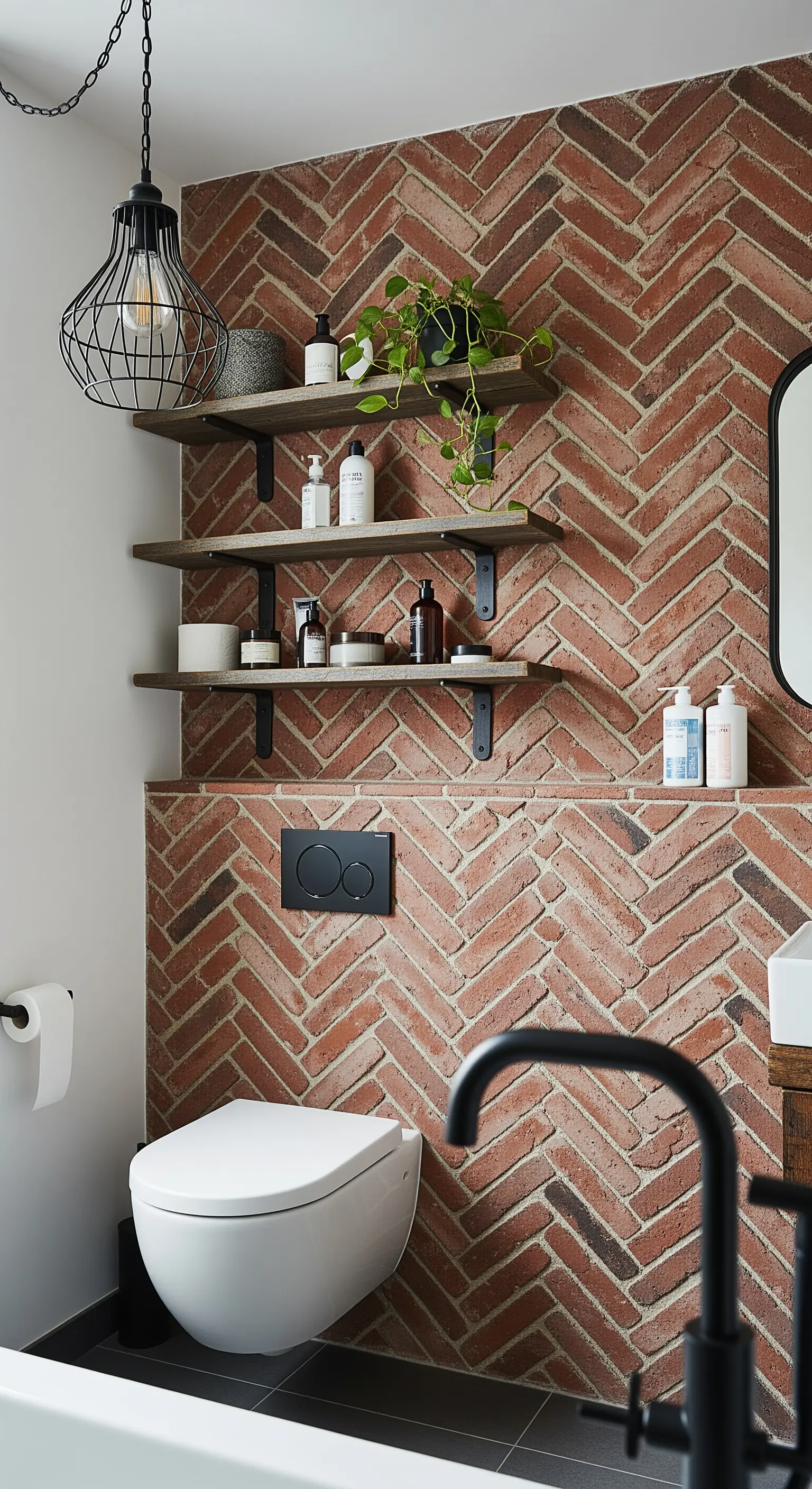 Parete in mattoni con posa a spina di pesce e mensole in legno scuro.