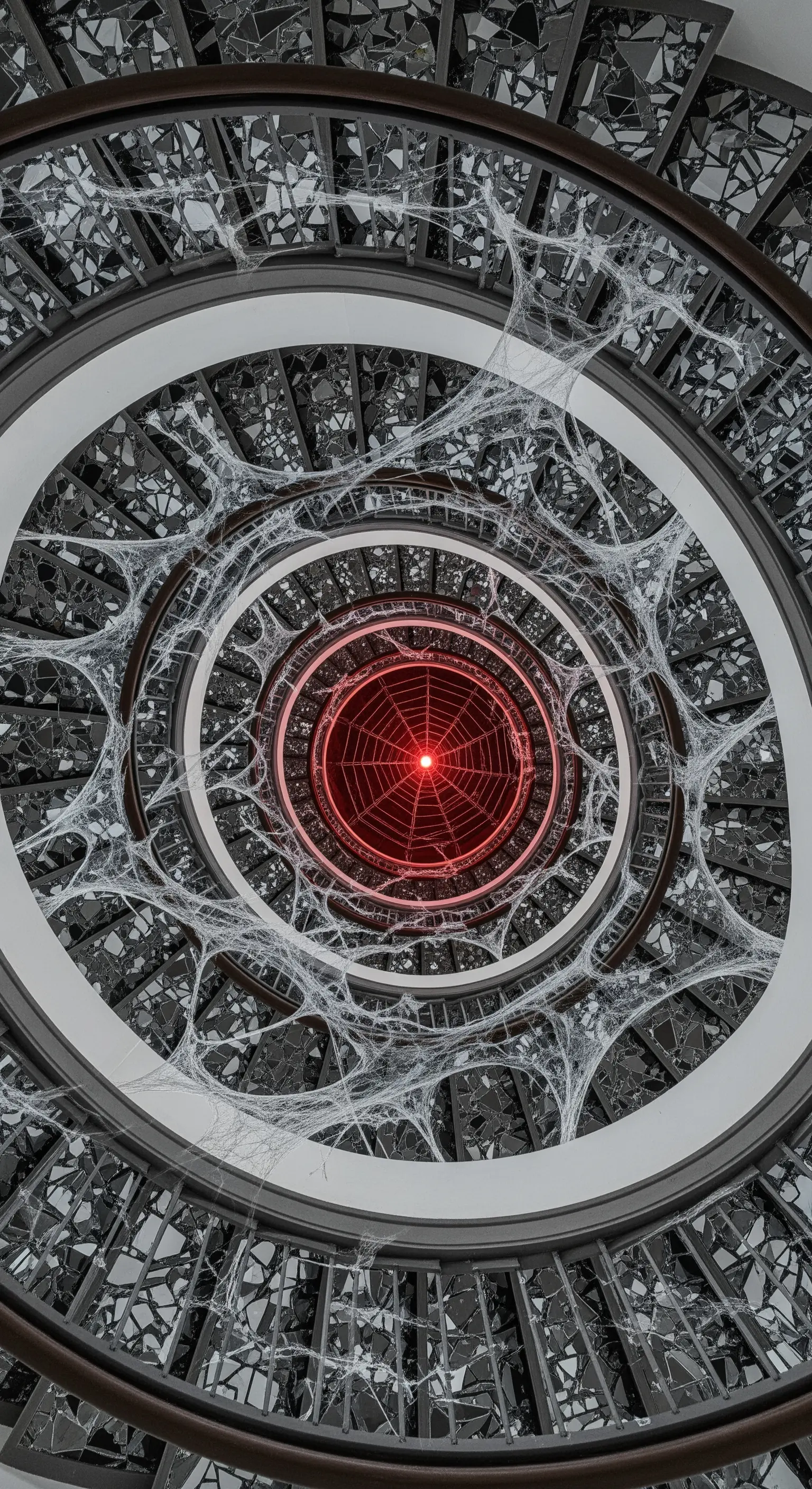 Scala a chiocciola vista dall'alto con ragnatele e luce rossa.