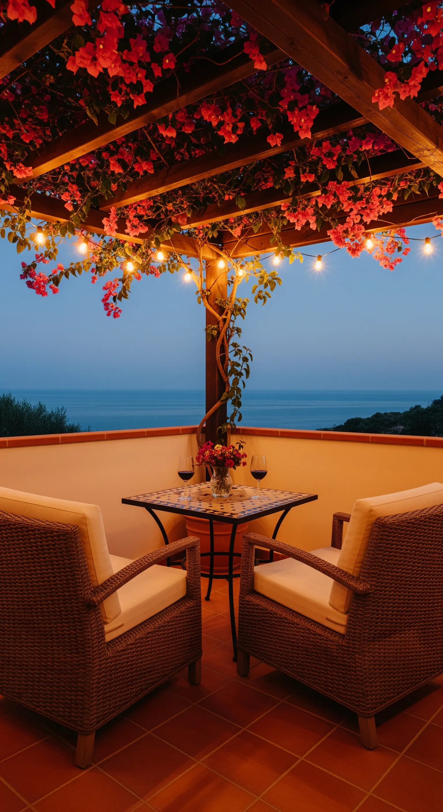Terrazza con vista mare, tavolo per due, poltrone in vimini e un pergolato con bouganville e lucine.