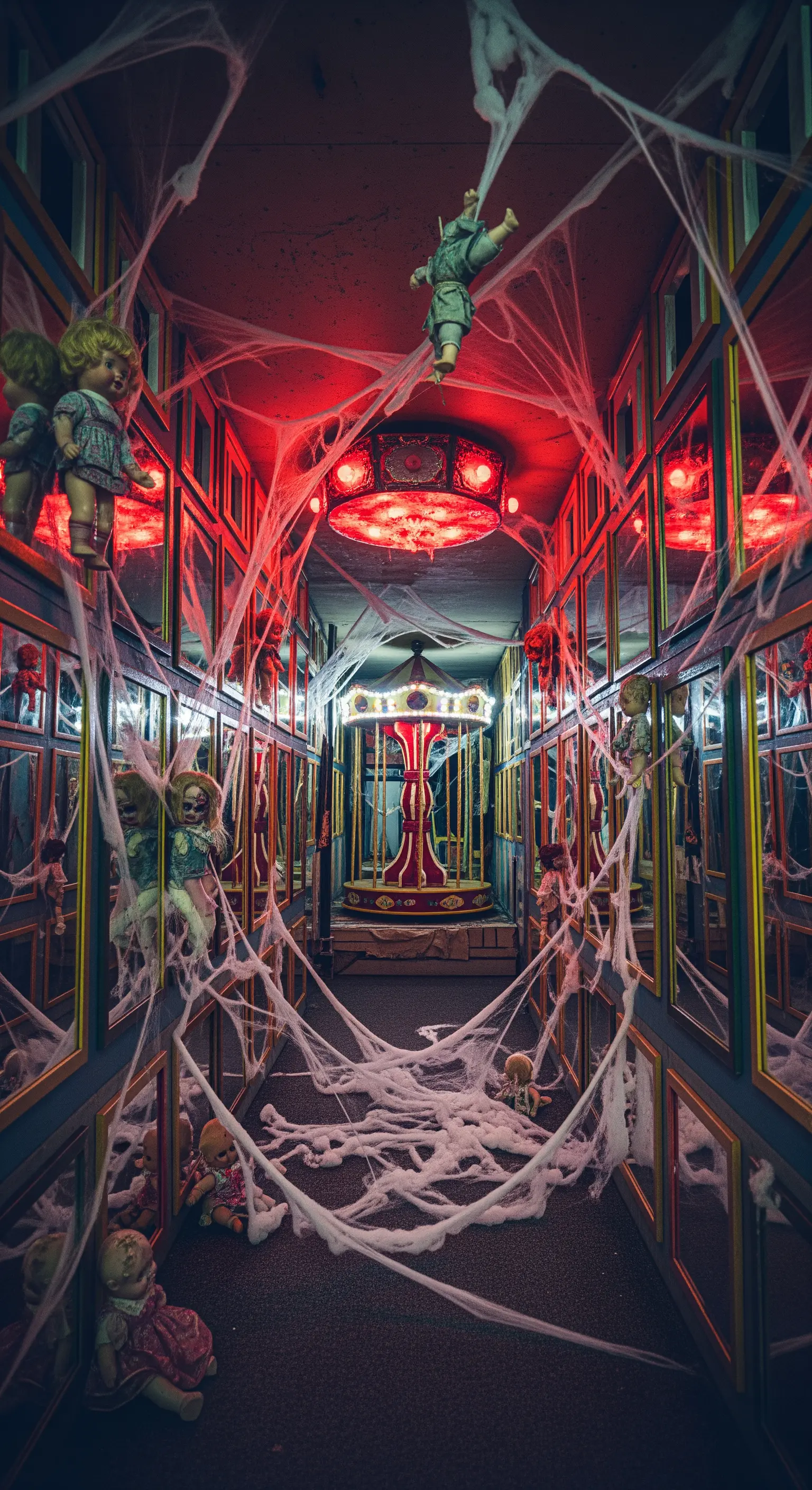 Corridoio con specchi, bambole inquietanti e ragnatele, illuminato di rosso.