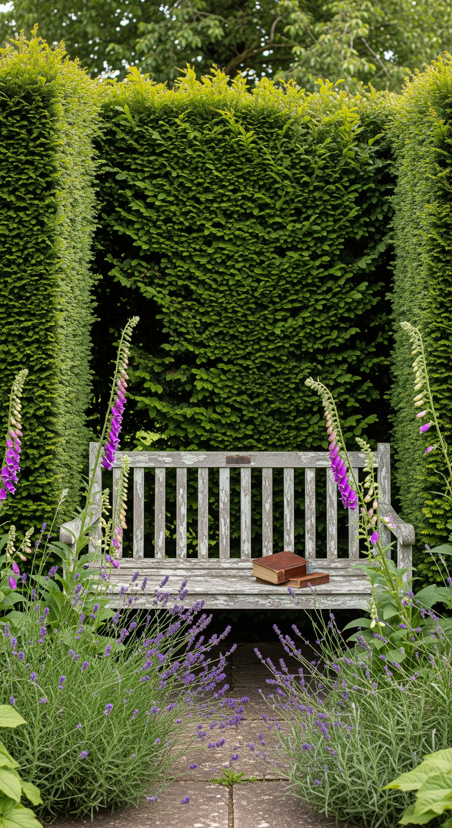 Panchina in legno invecchiato tra alte siepi verdi e fiori di lavanda e digitale.