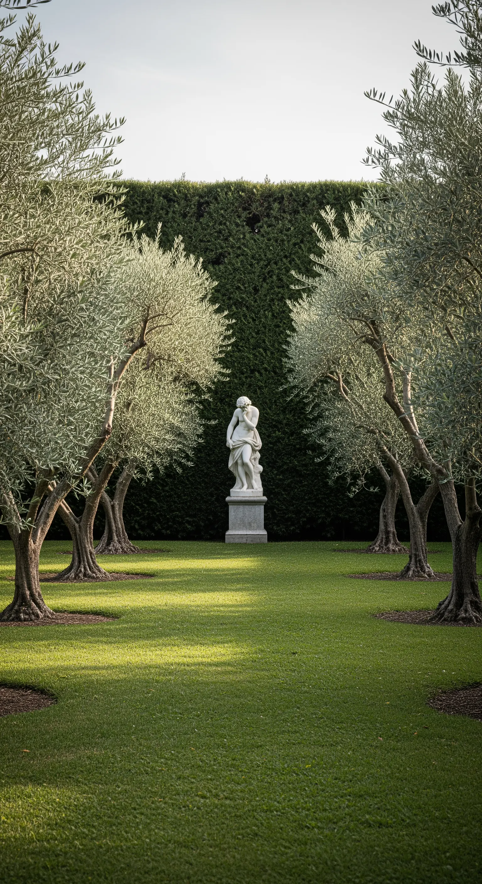 Statua classica in marmo bianco su un piedistallo, circondata da alberi di ulivo su un prato verde