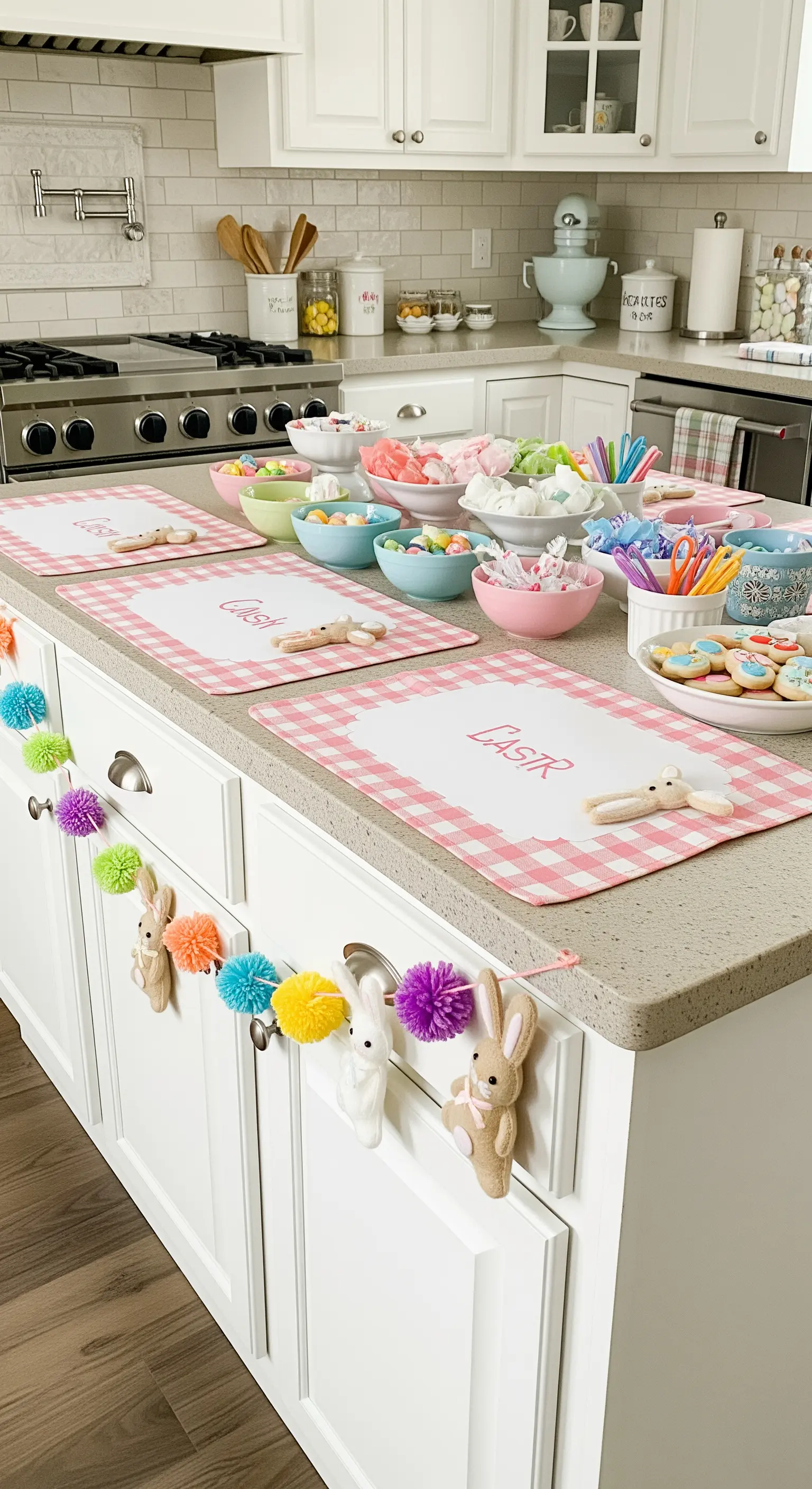 Stazione per decorare biscotti pasquali con ciotole colorate, tovagliette a quadretti e una ghirlanda di pompon.