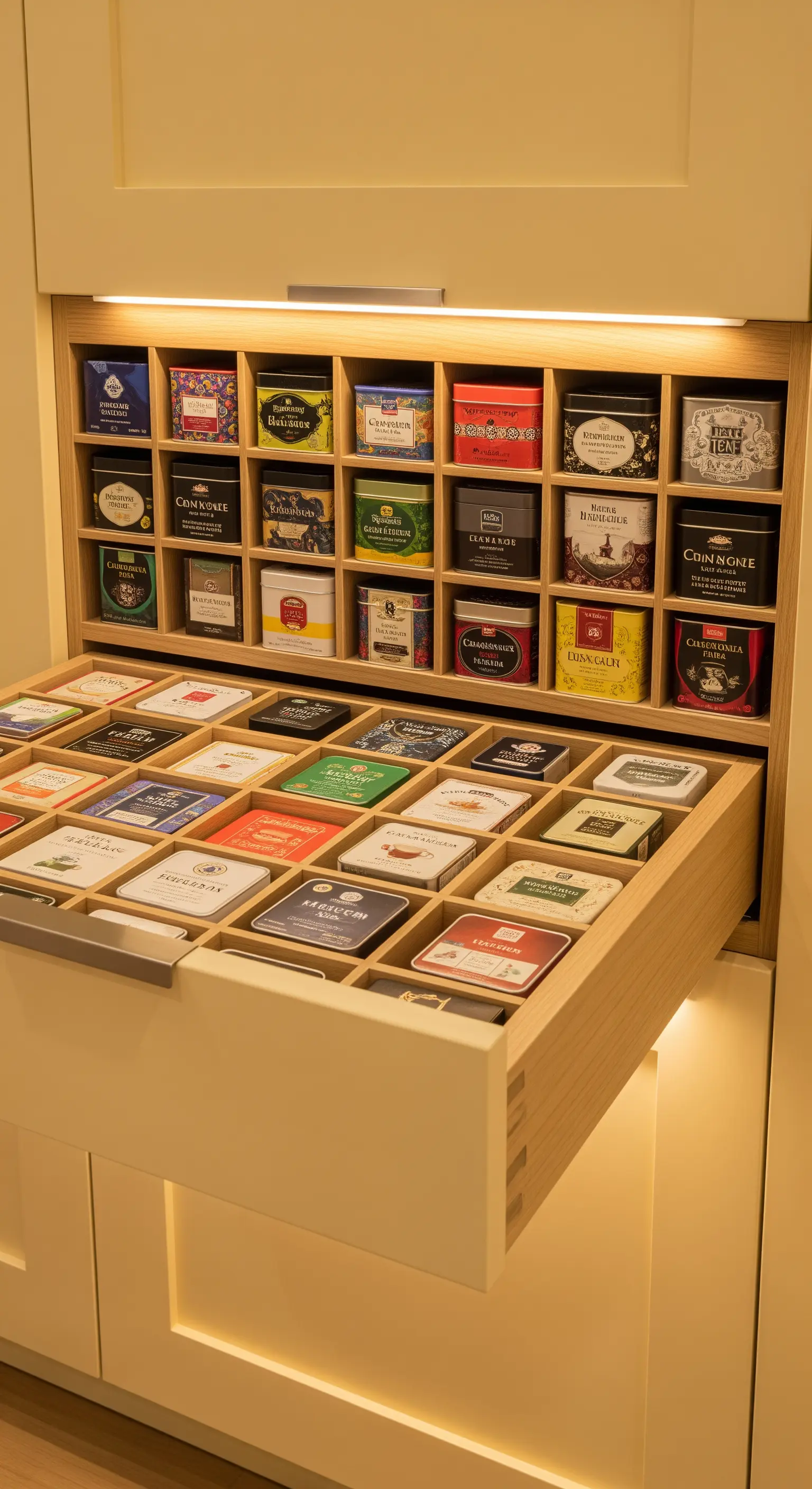 Cassetto della cucina con divisori, perfettamente organizzato con scatole e bustine di tè.