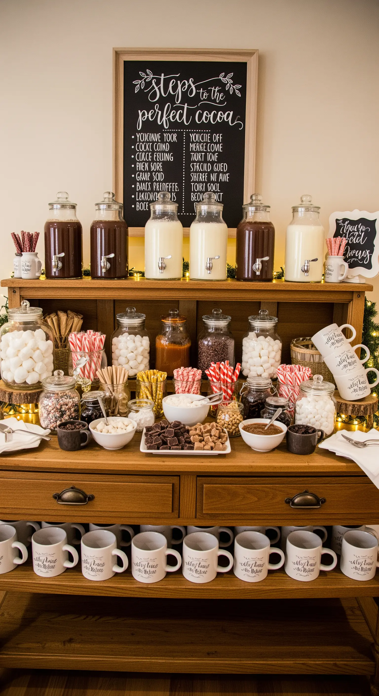Ricco buffet per la cioccolata calda con dispenser, barattoli di topping e tazze personalizzate.