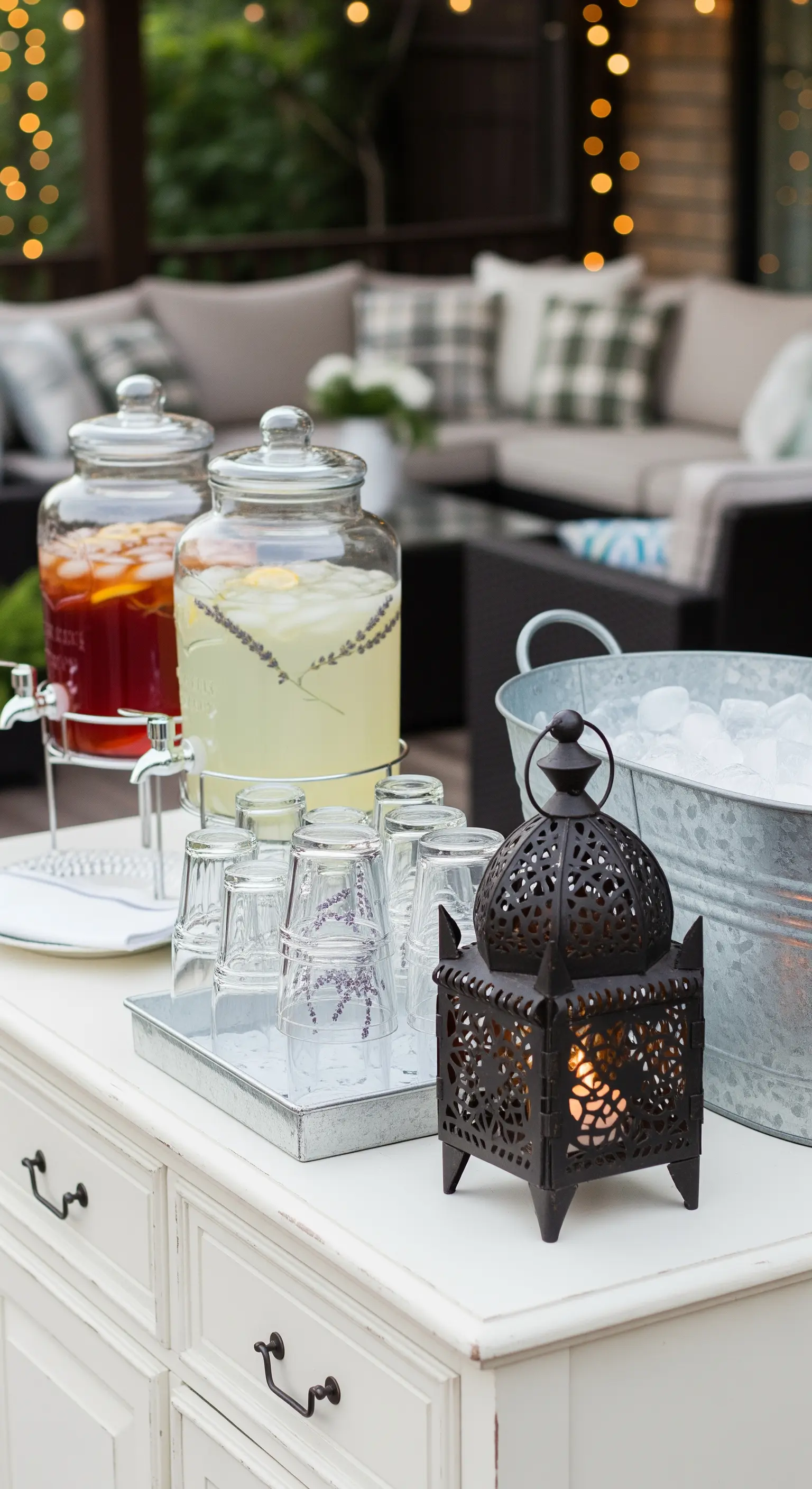 Mobiletto bianco decapé usato come stazione per bevande con dispenser e lanterna.