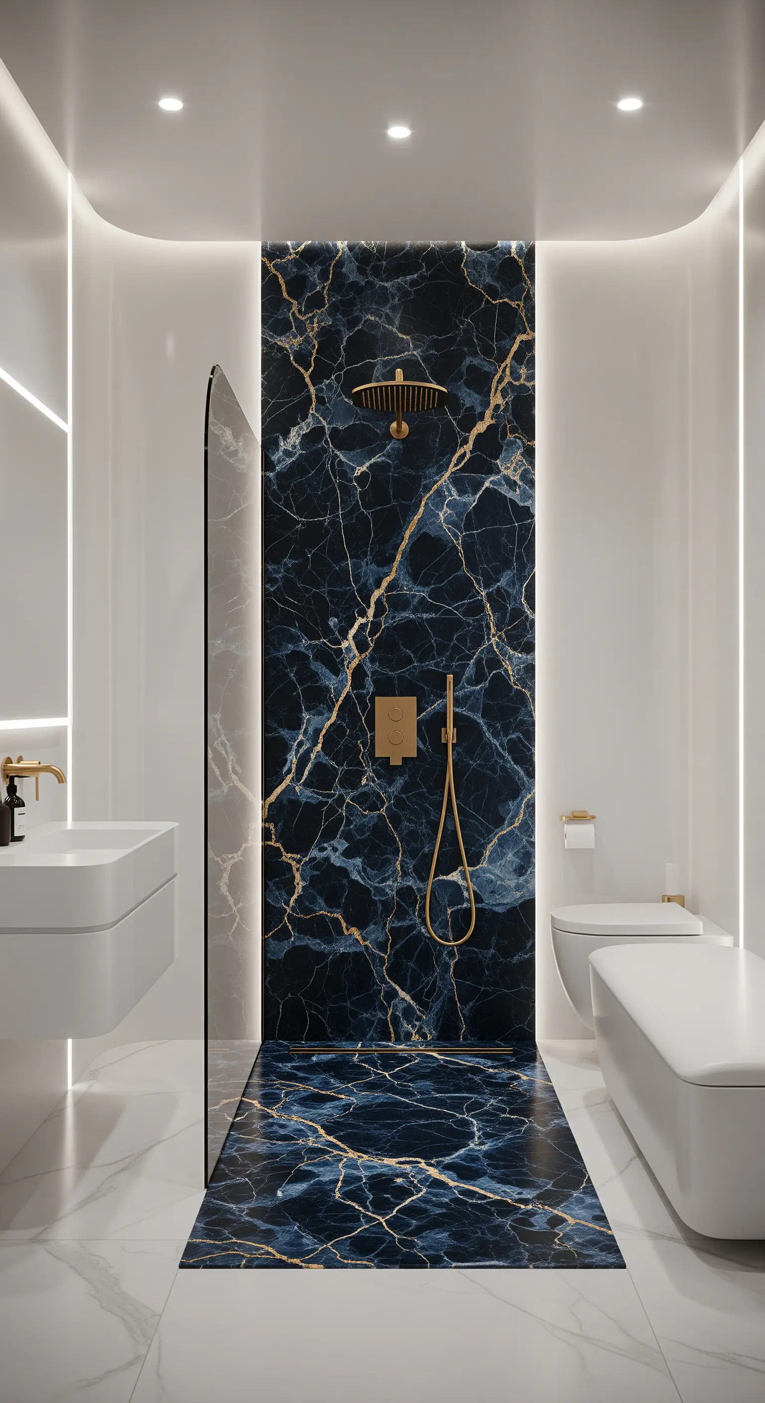 Doccia moderna con una striscia verticale di marmo blu e oro, in un bagno total white.