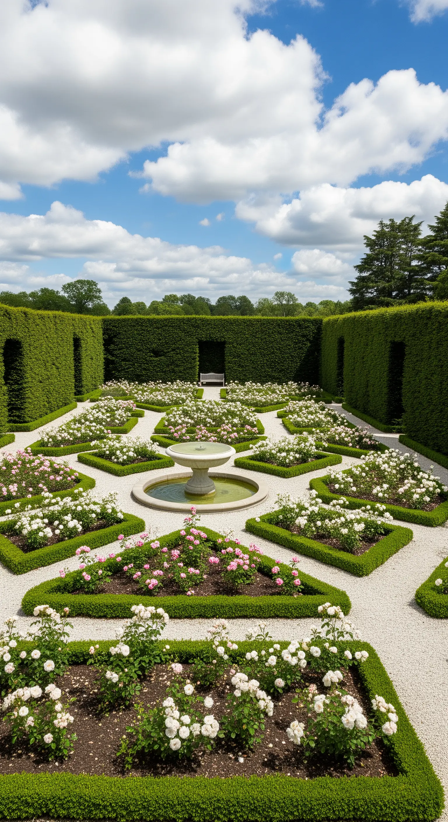Giardino di rose con aiuole a forma di diamante delimitate da basse siepi di bosso