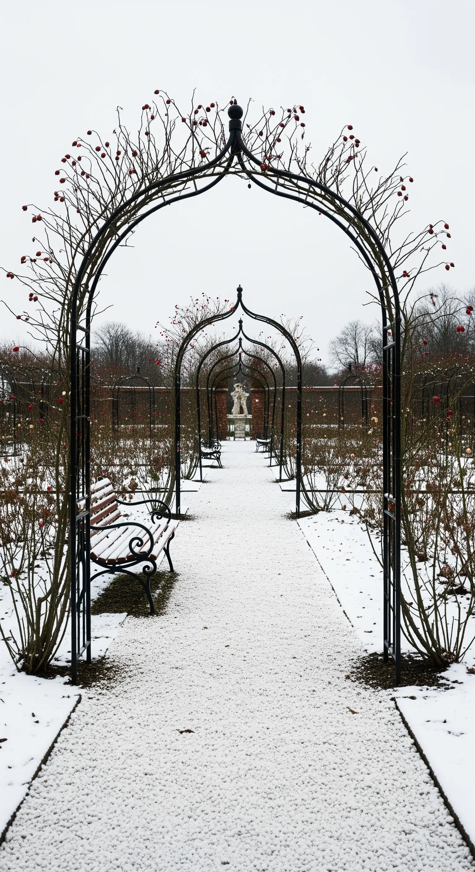 Giardino d'inverno con sentiero innevato e una prospettiva di archi neri in ferro battuto.