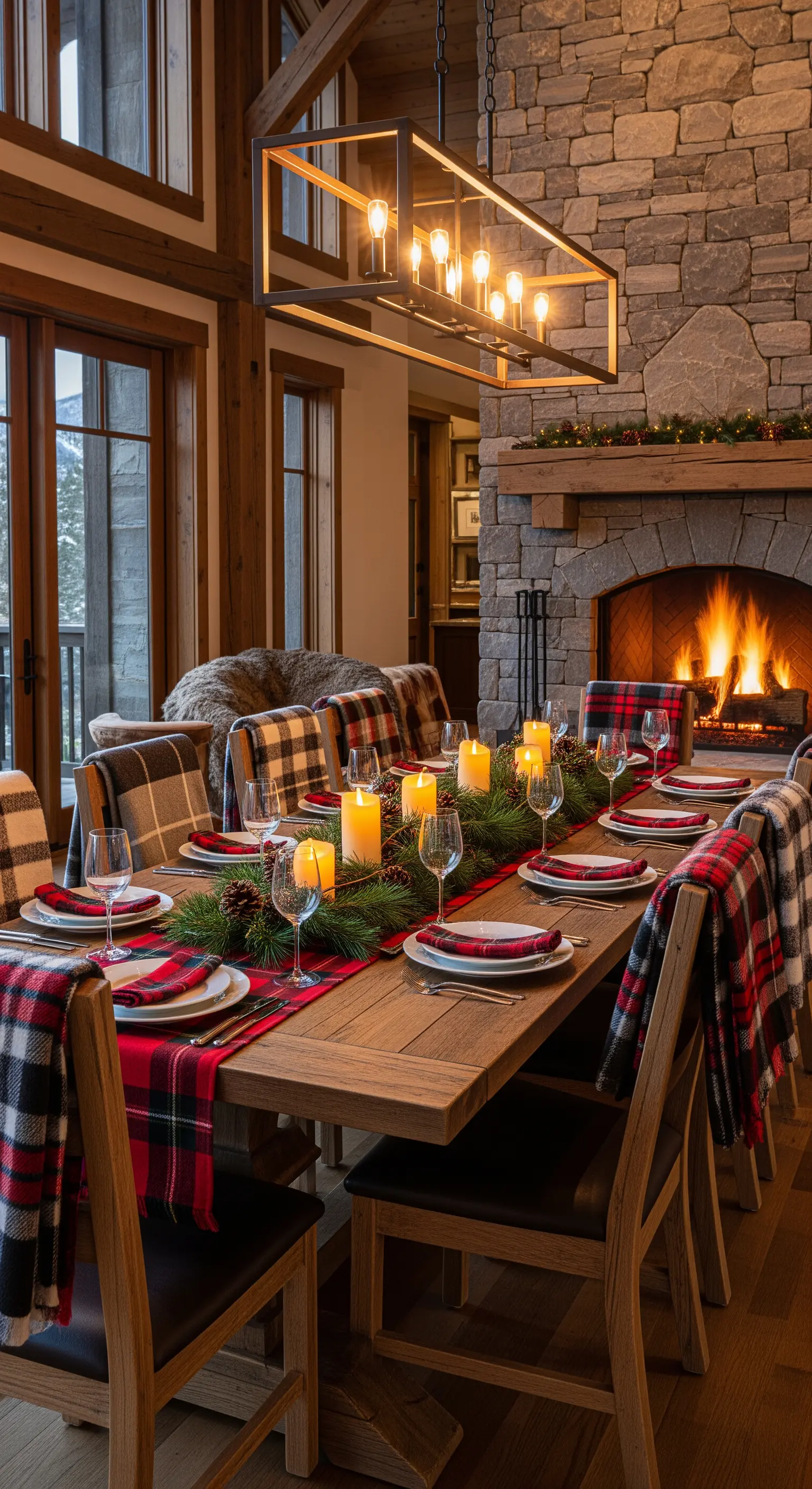 Tavola rustica con sedie scozzesi e candele, davanti a un camino in pietra.