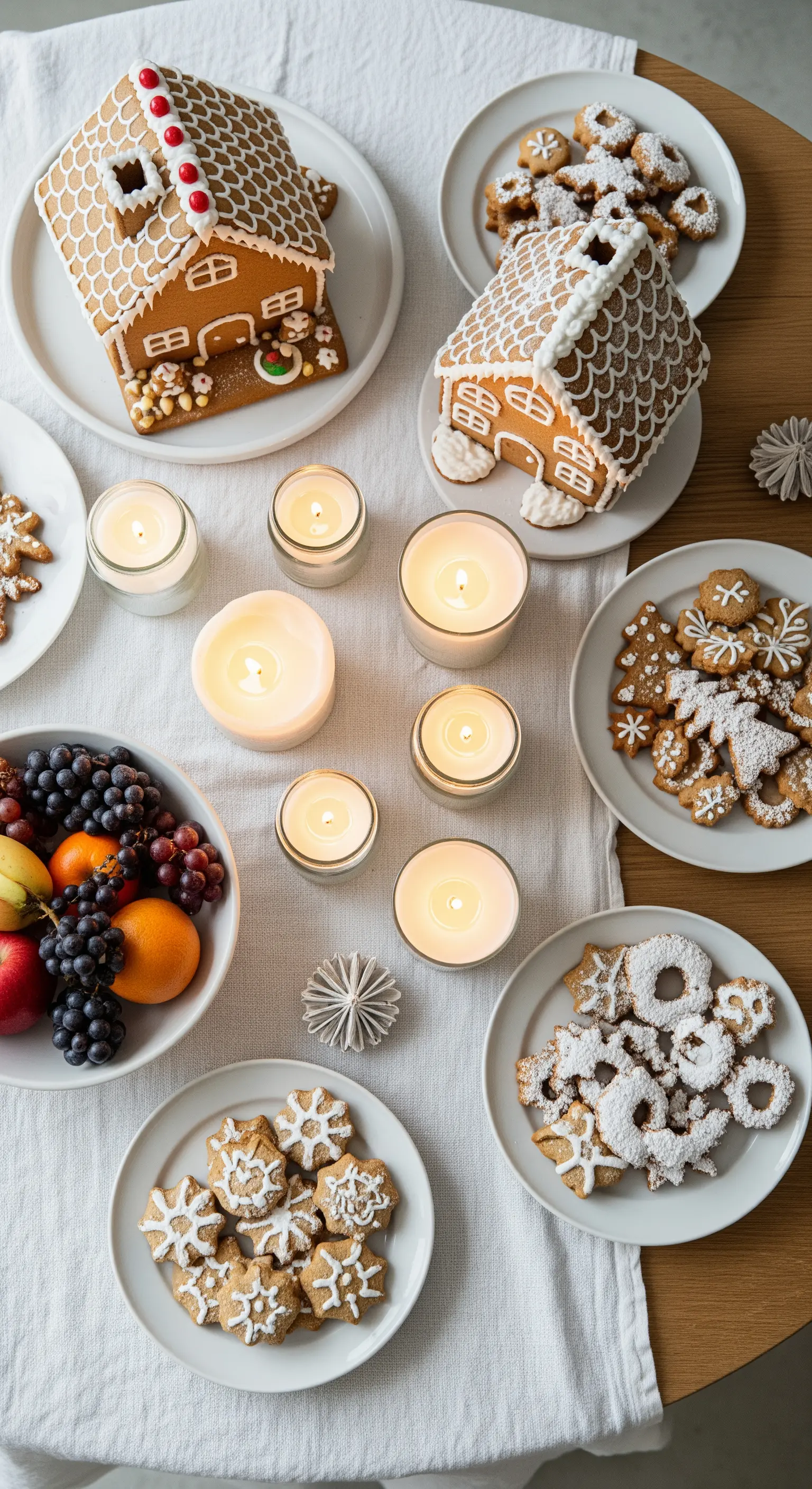 Tavola imbandita per le feste con casette di pan di zenzero, biscotti e candele.