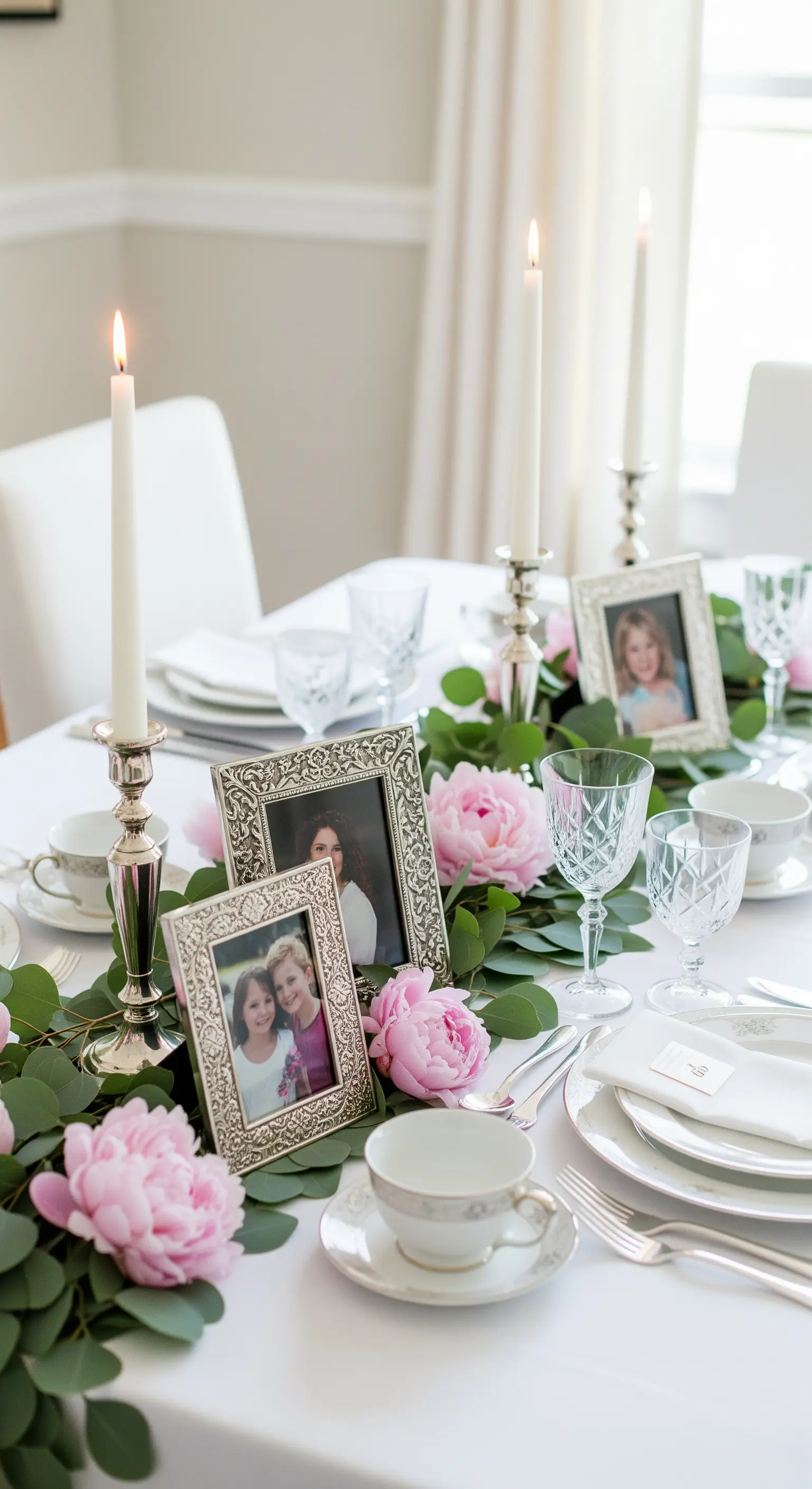 Tavola per la Festa della Mamma con peonie rosa, candele e cornici d'argento con fotografie.