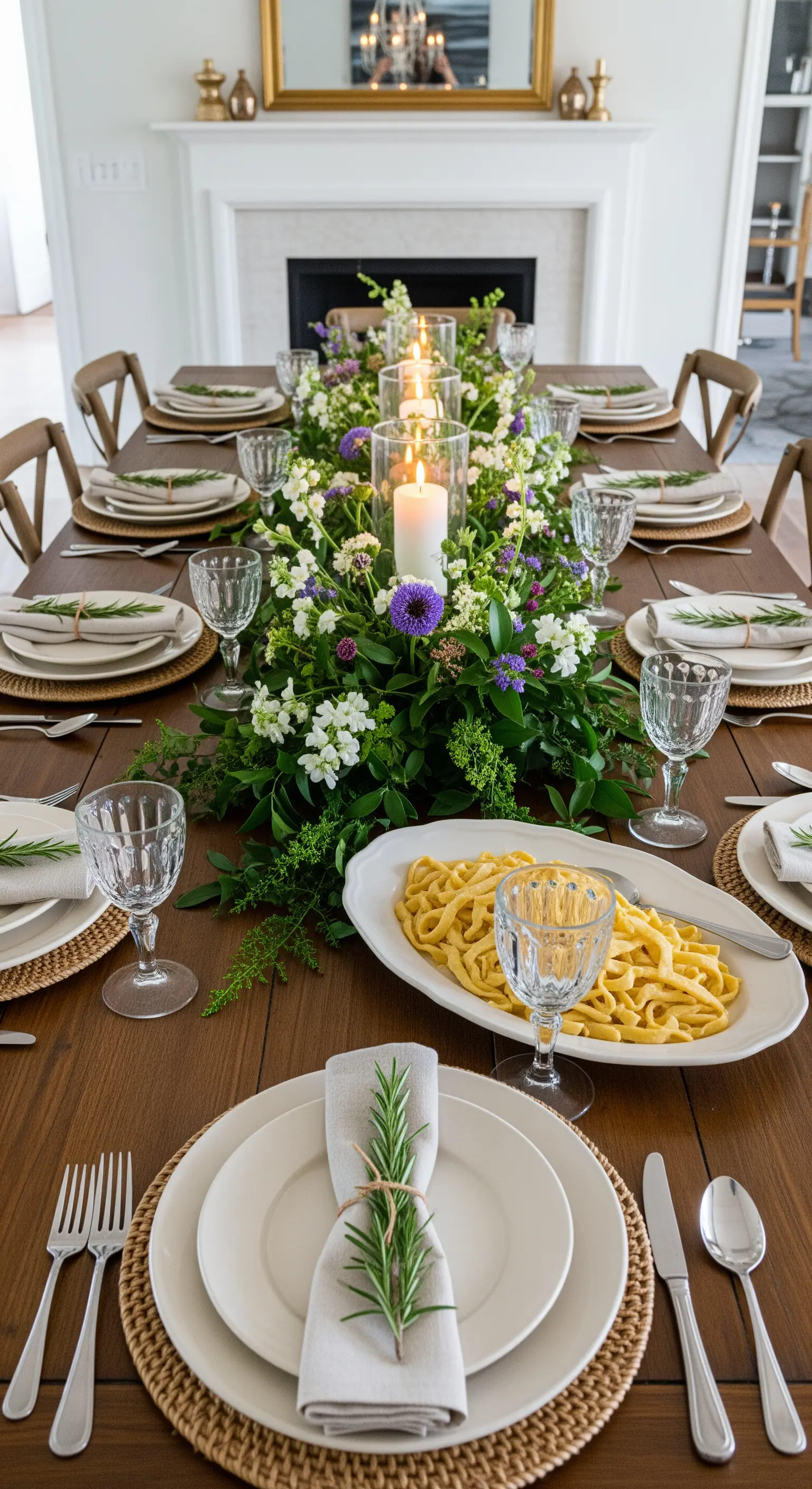 Tavola da pranzo elegante con un runner di fiori e verde, candele e tovaglioli legati con rosmarino.
