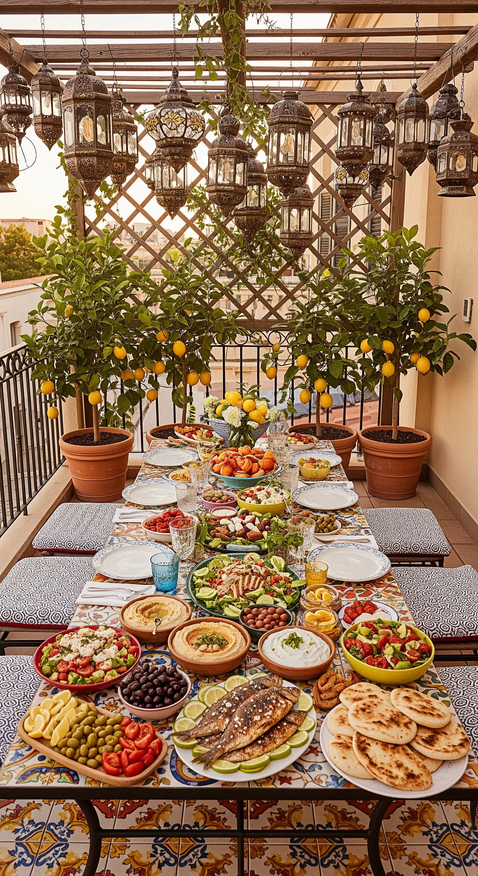 Tavola imbandita per una festa su un balcone, con lanterne sospese e piante di limoni.