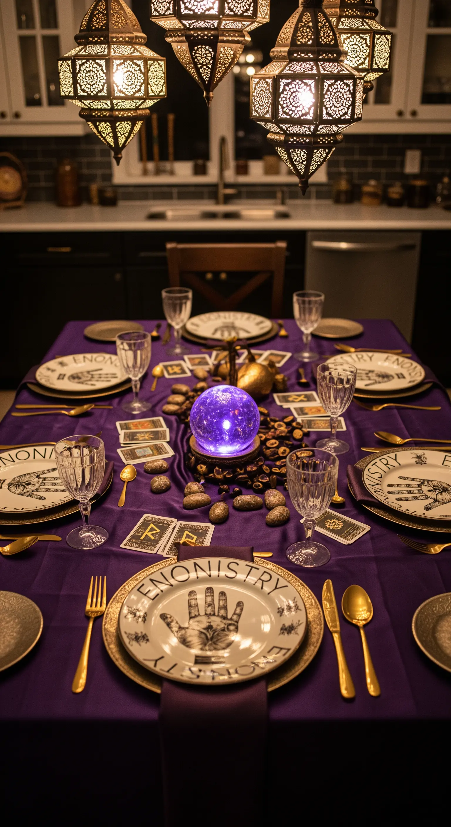 Tavola viola apparecchiata con tarocchi, una sfera di cristallo luminosa e posate dorate.