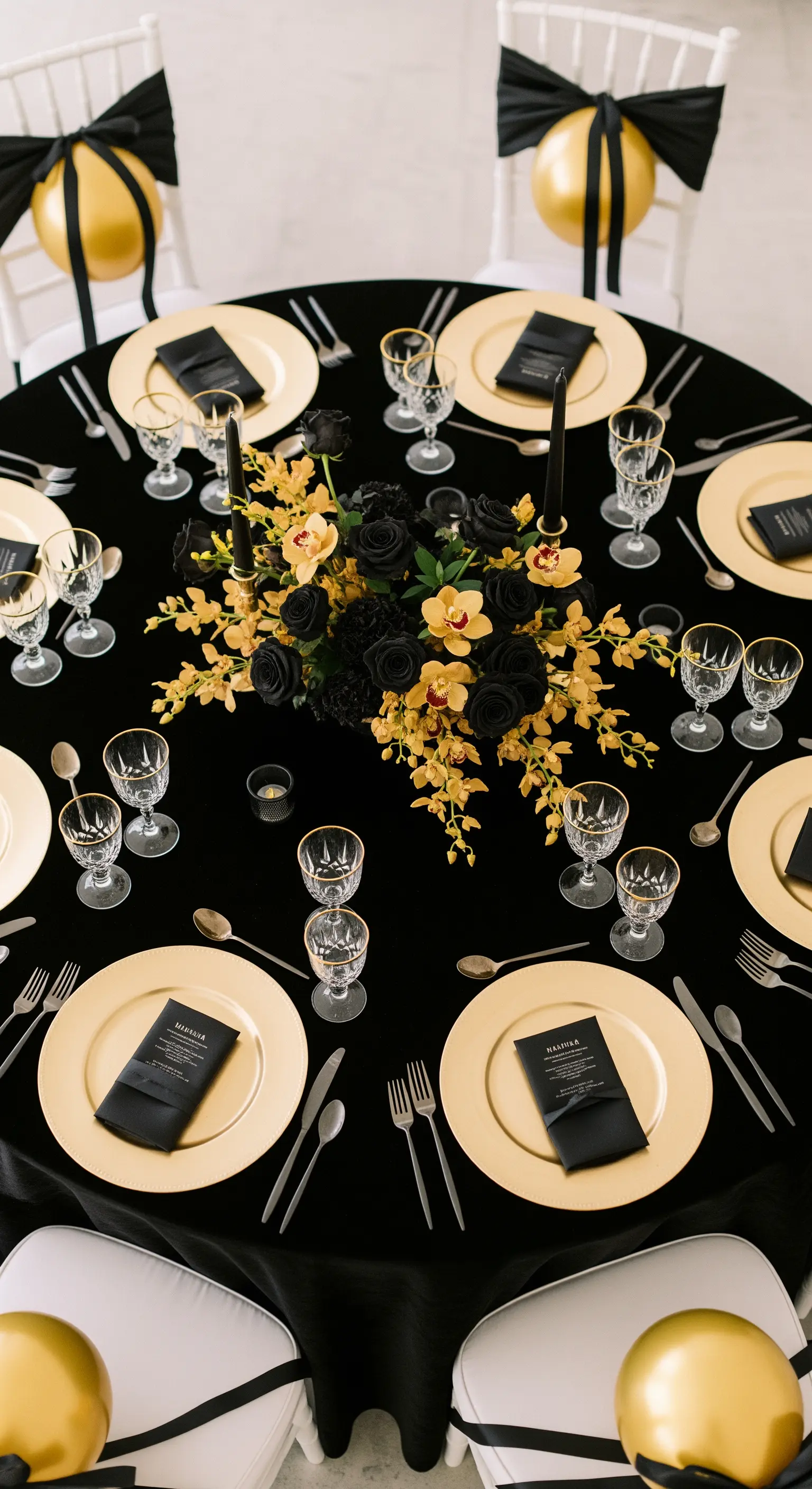 Tavola rotonda nera e oro con rose nere, orchidee e palloncini sulle sedie.