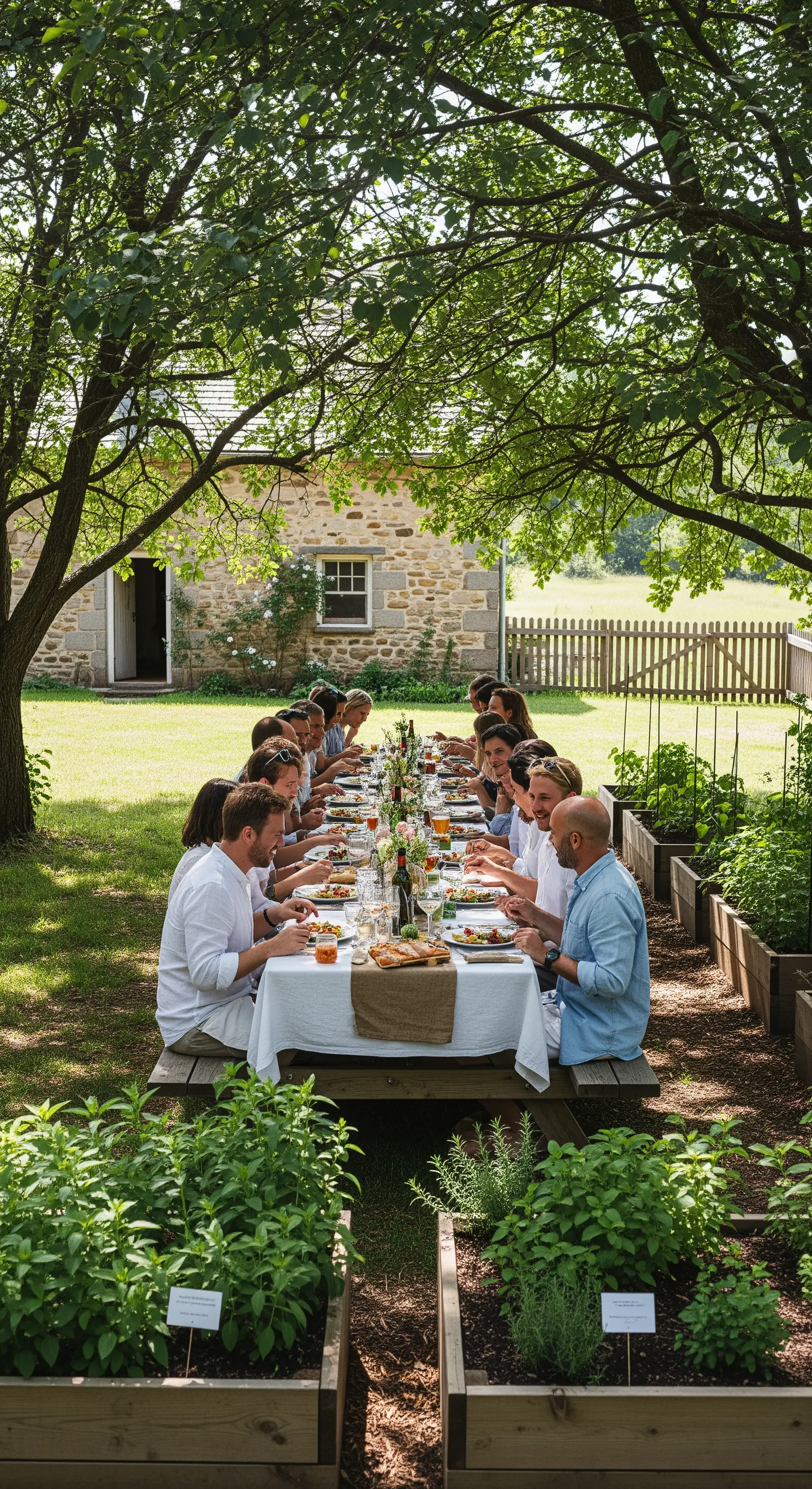 Lungo tavolo da picnic allestito tra aiuole di erbe aromatiche.