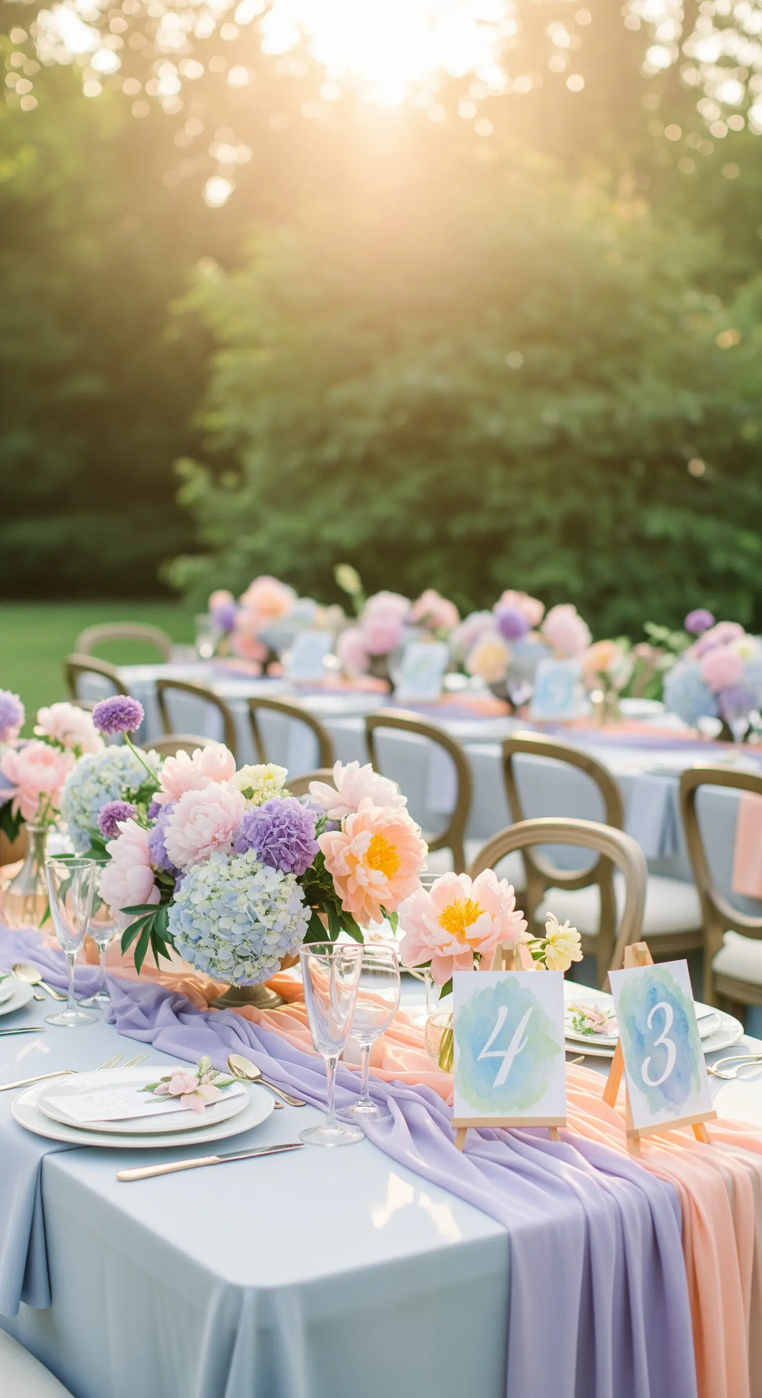 Tavoli da matrimonio con runner color pastello e segnatavoli ad acquerello su mini cavalletti.