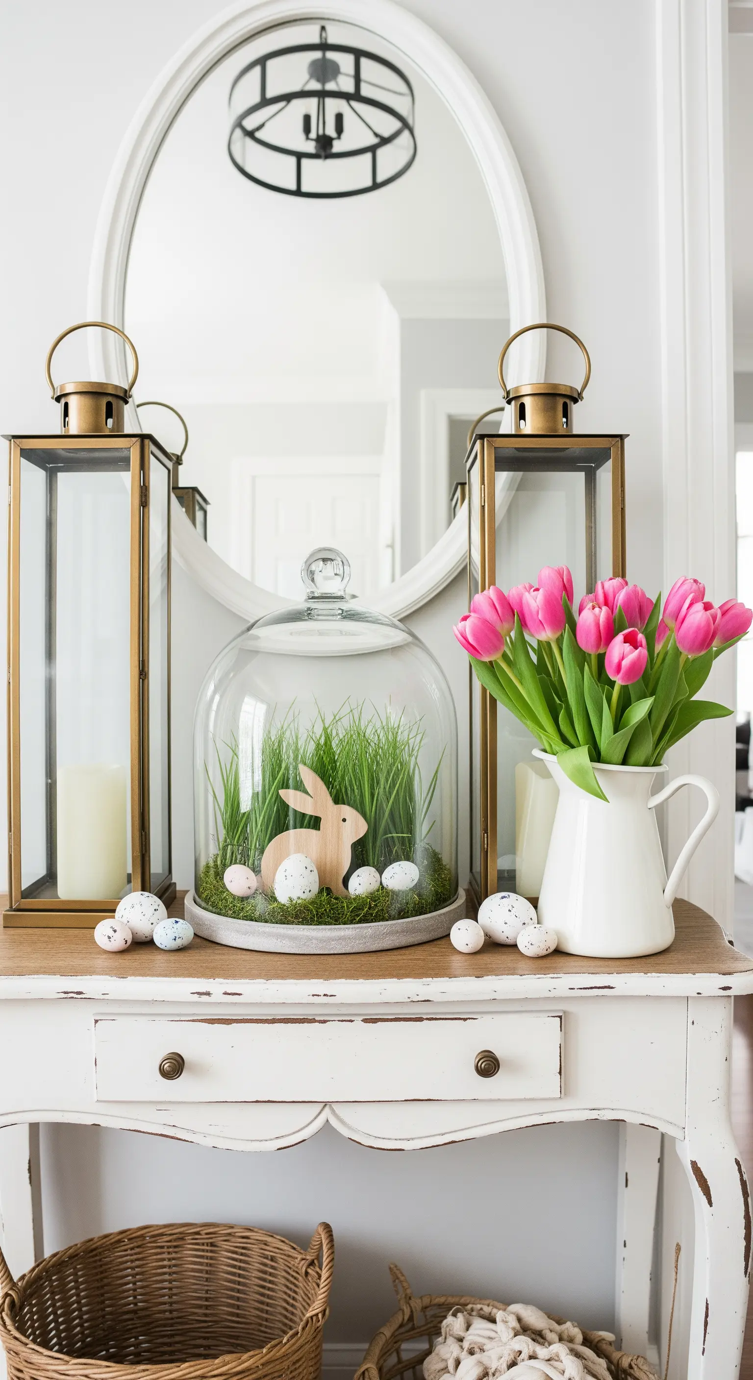 Allestimento pasquale su una consolle con coniglietto in una campana di vetro e tulipani.
