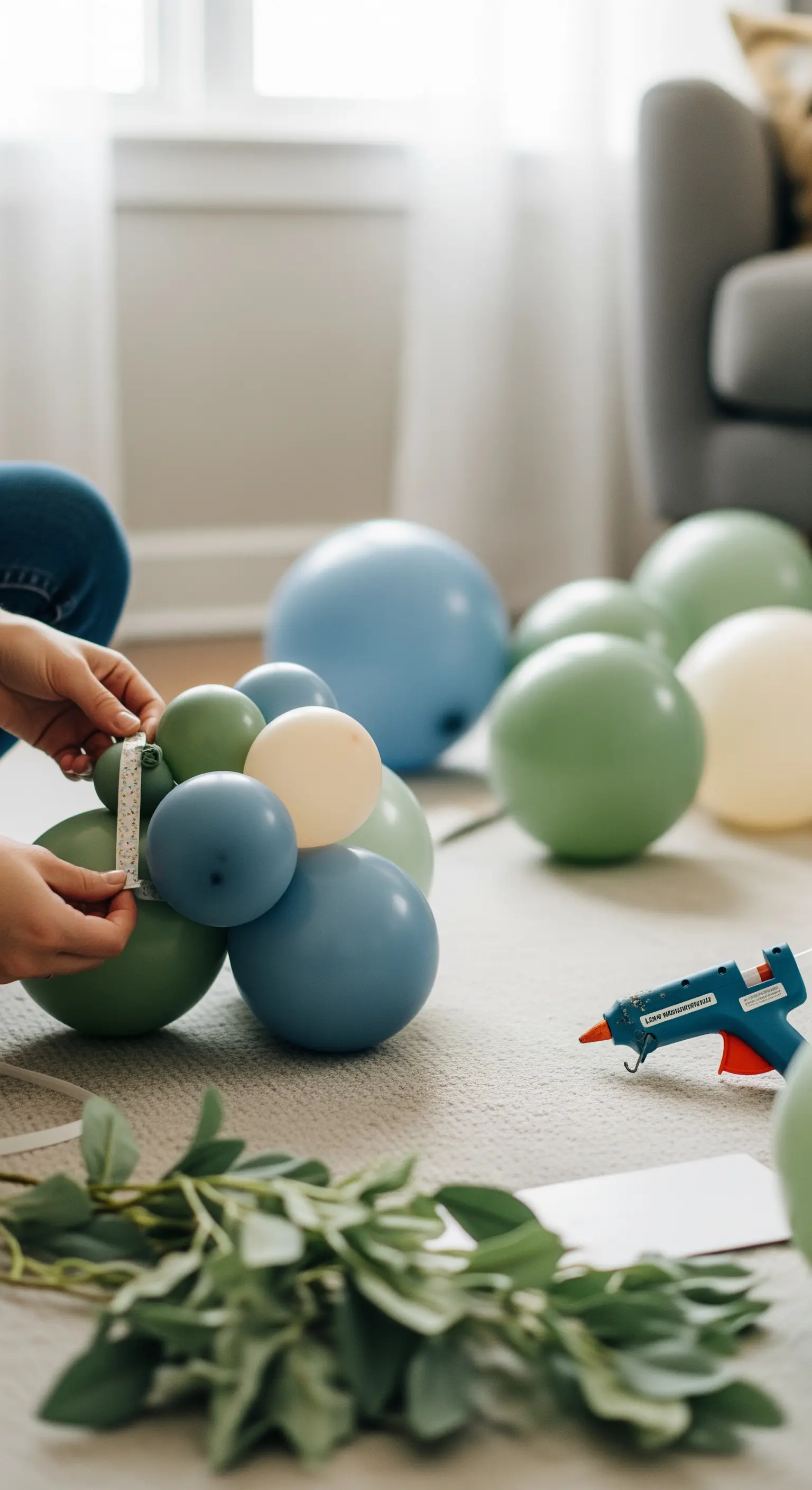 Mani che assemblano un piccolo grappolo di palloncini con del nastro adesivo.