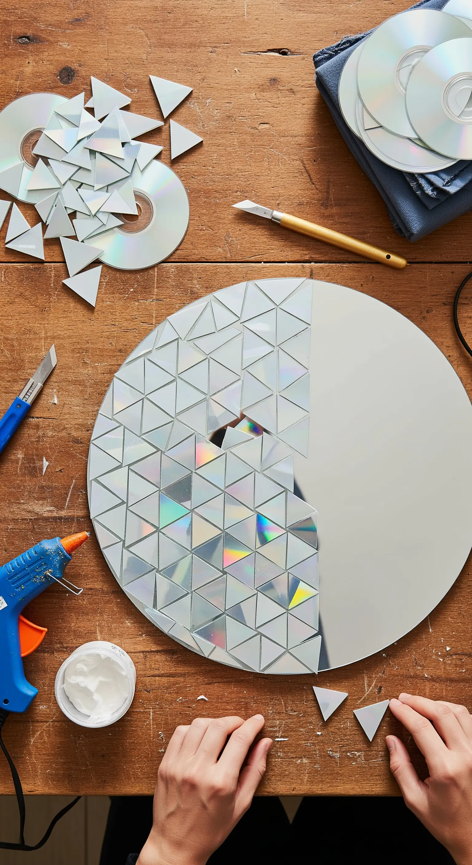 Piano di lavoro con frammenti triangolari di CD, colla a caldo e uno specchio tondo in lavorazione.