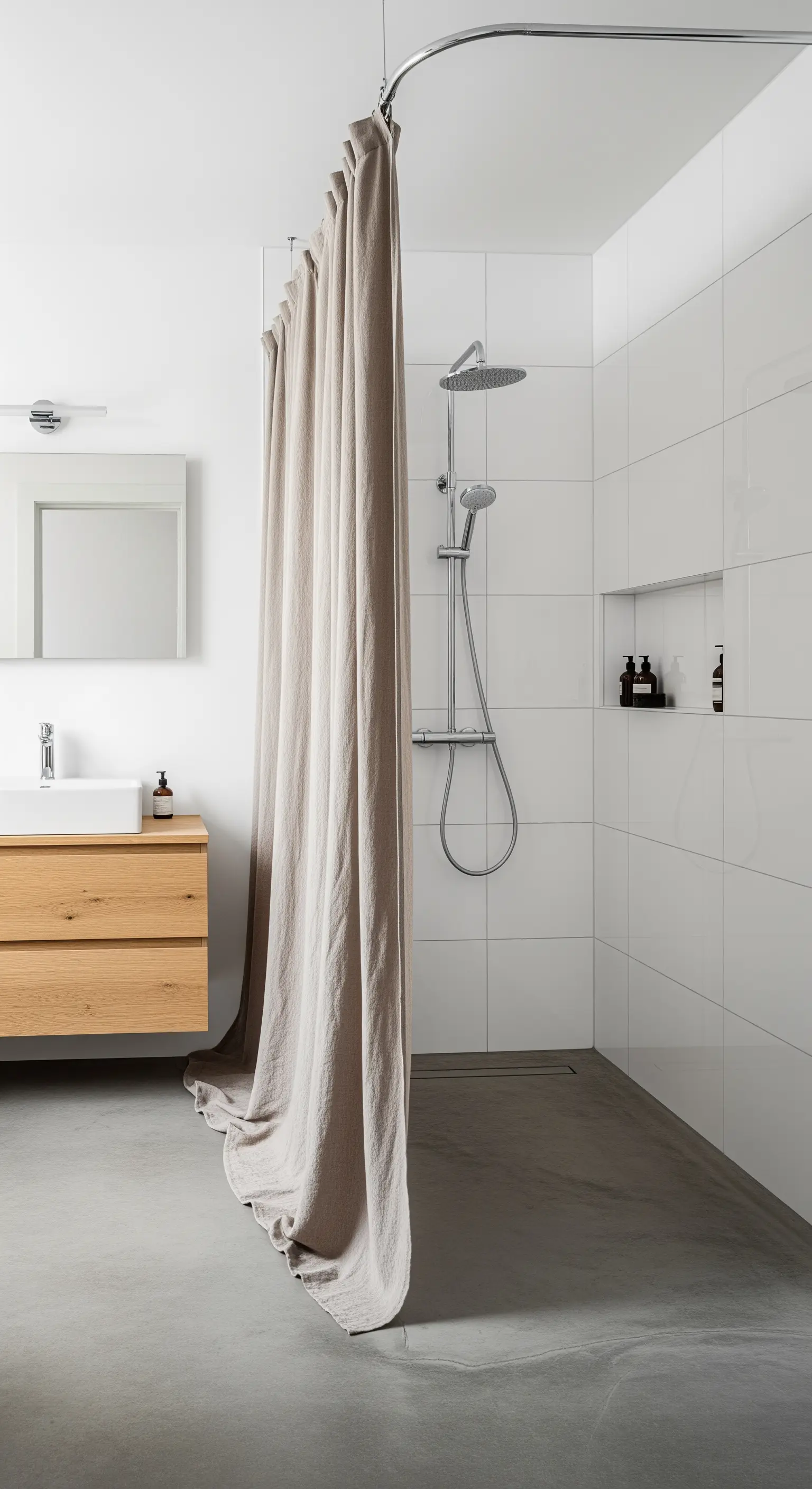 Doccia walk-in separata da una lunga tenda in lino color sabbia.